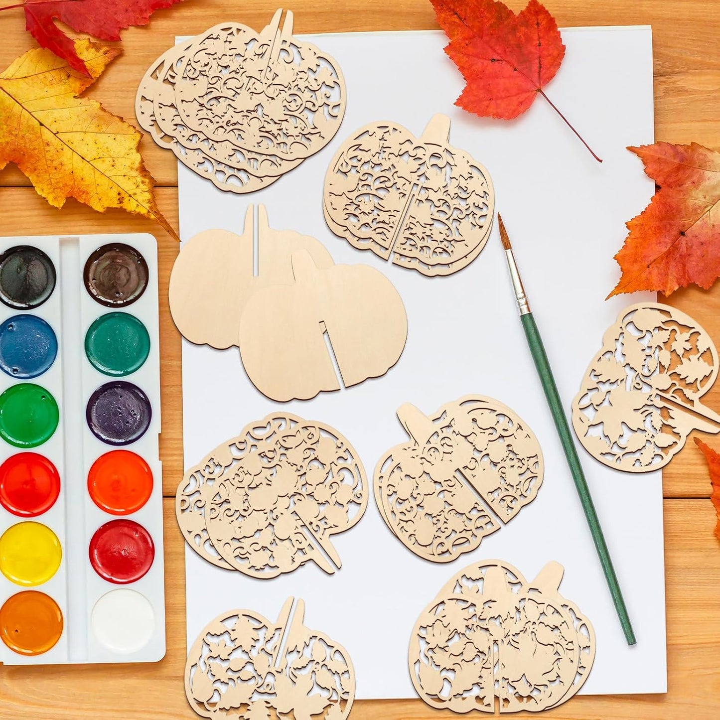 COCHIE DIY 3D Fall Pumpkin Wood Crafts to Paint for Kids Adults, Paintable Unfinished Wooden Slices