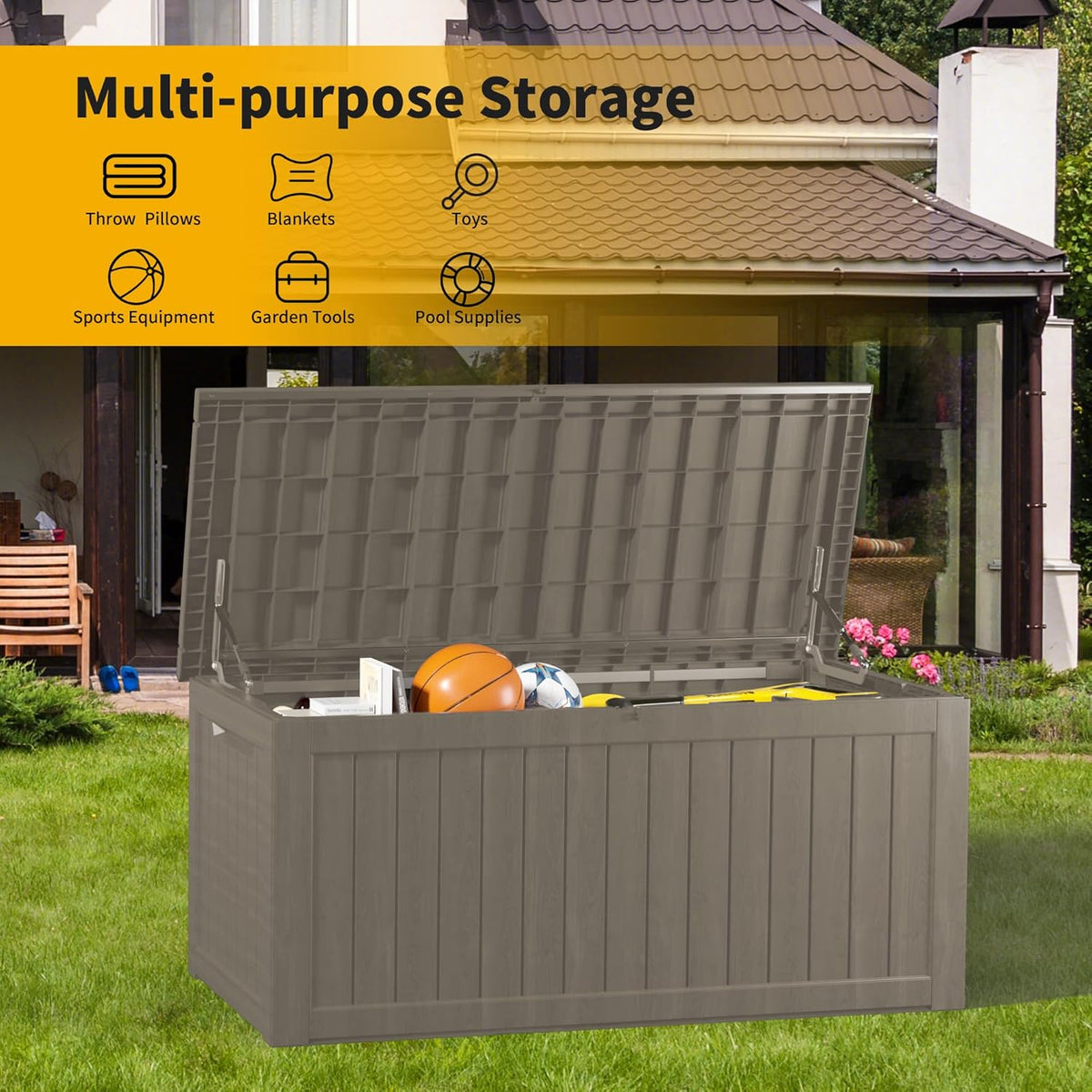 270 Gallon Lockable Resin Deck Box, Waterproof & UV-Resistant Outdoor Storage Box for Outdoor