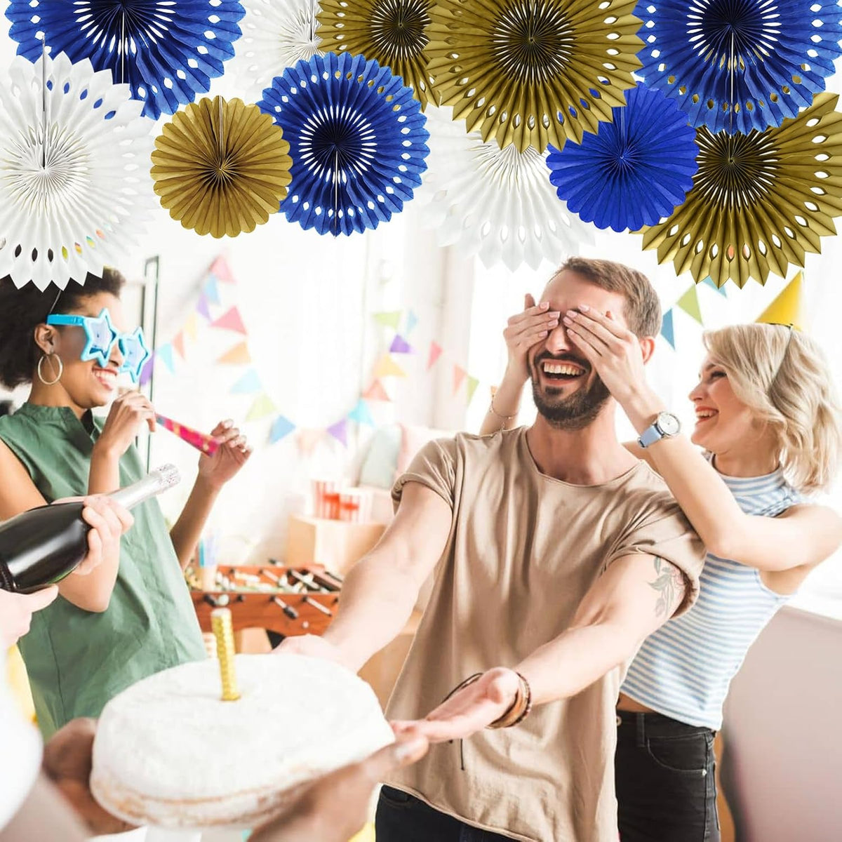 BEISHIDA Blue Gold White Hanging Honeycomb Round Paper Fans Decoration Set for New Year Baby Shower