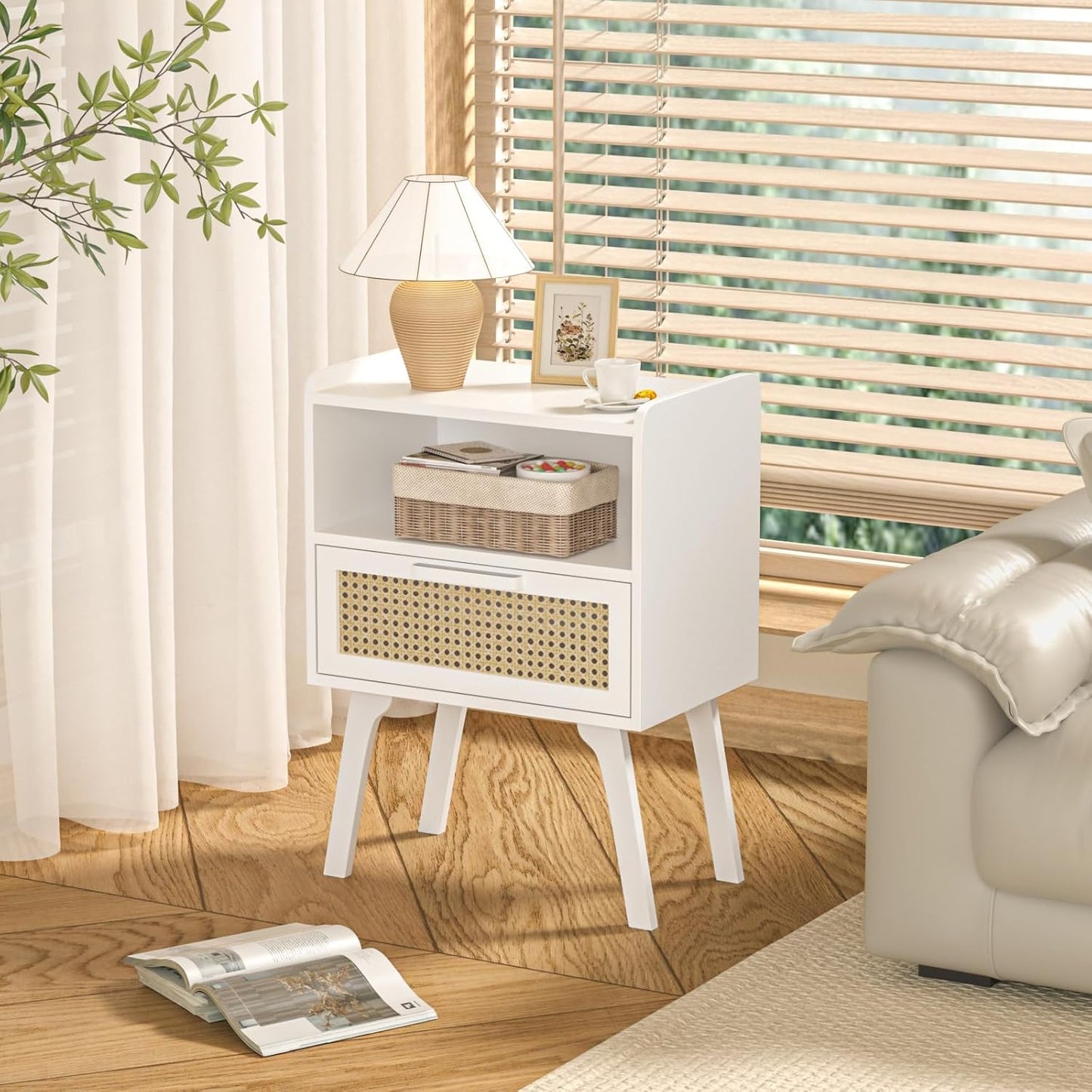 Lerliuo Rattan Nightstands Set of 2, Bedside Table with Drawer Open Shelf, Cane Accent Side End