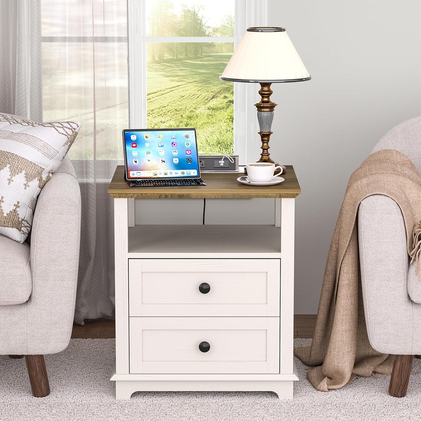 HIFYOBRO End Table with Flip Top Charging Station and 2 Drawers, Type-C & USB Port & Power outlets