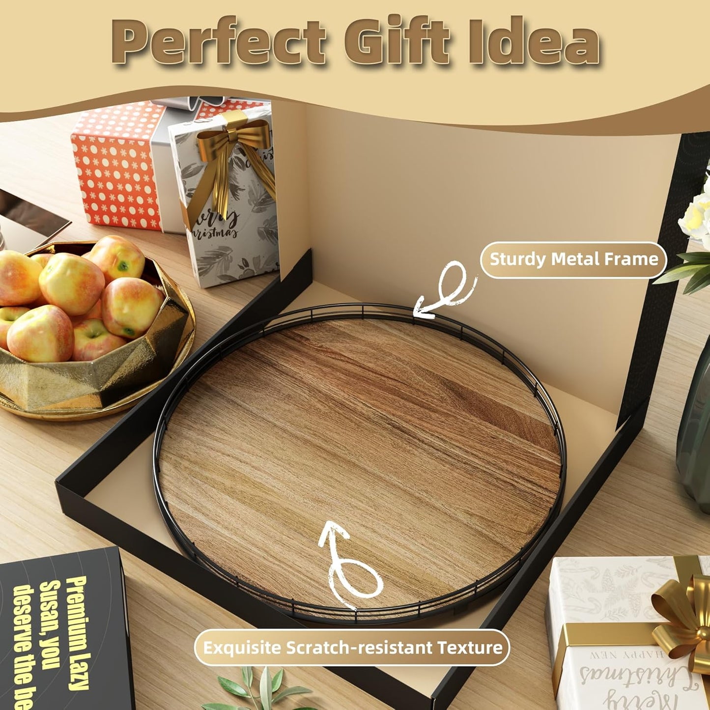 Acacia Wood 18" Lazy Susan Turntable Organizer for Table Top, Farmhouse Large Round Lazy Susan for