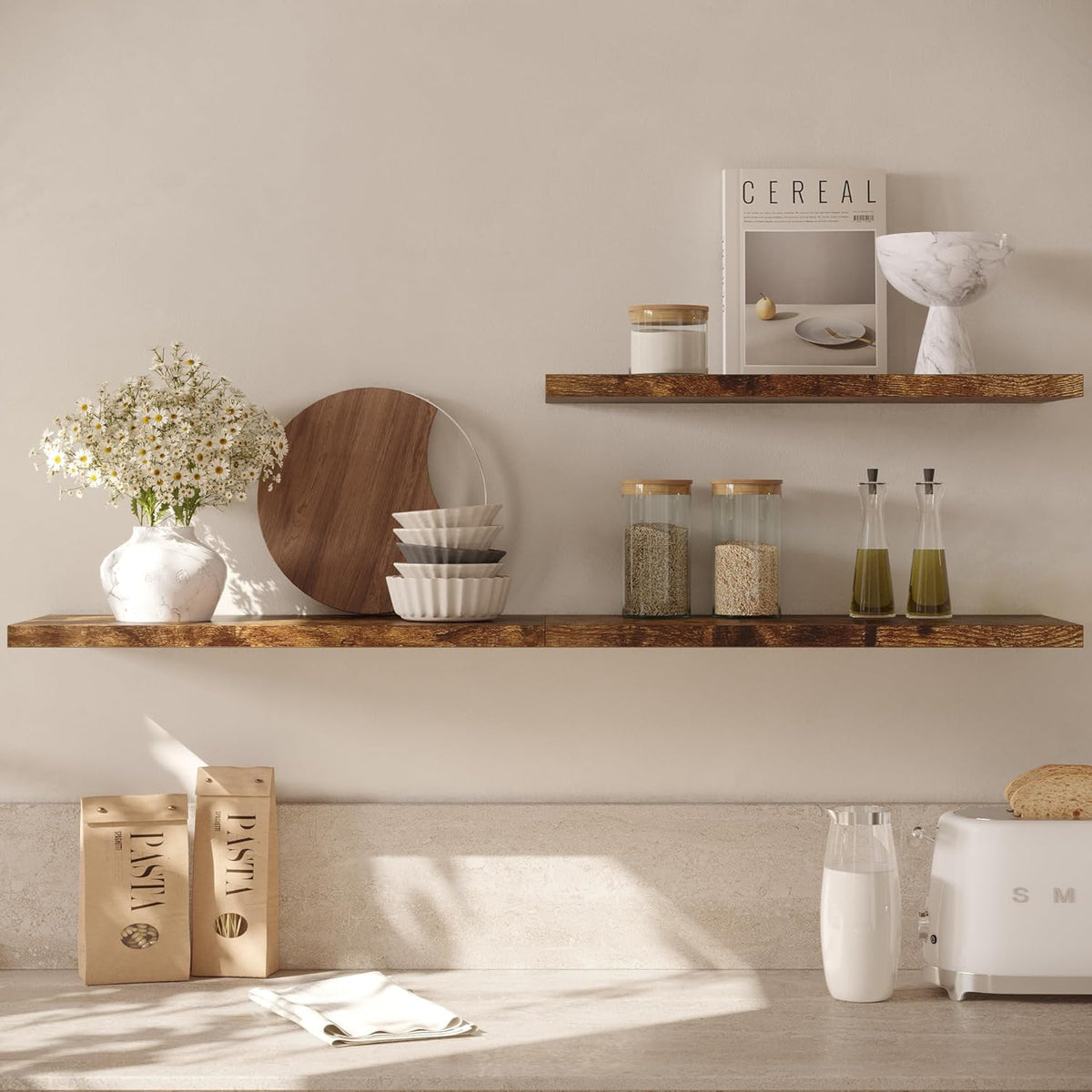 Wall Shelf Set of 2, Rustic Brown Floating Shelves 30 in W x 10 in D x 1 in H, Wooden Floating Wall