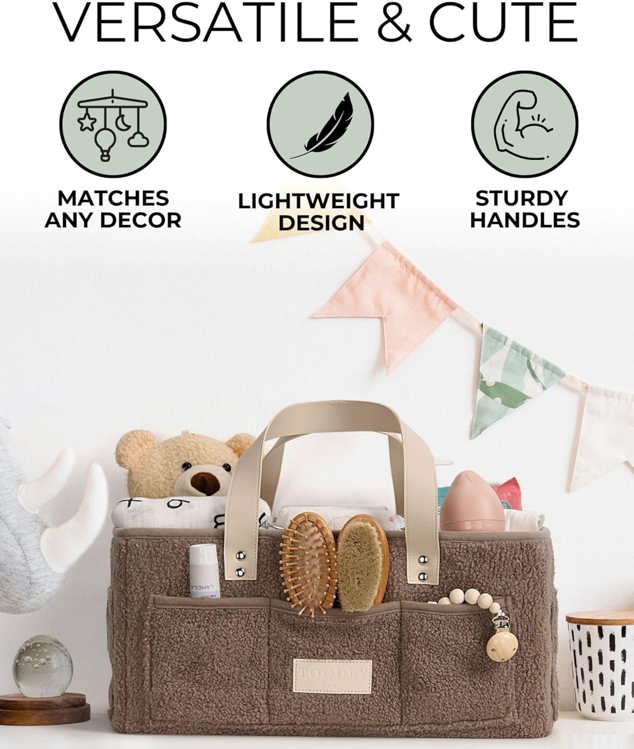 Baby Diaper Caddy Organizer with Portable Changing Mat - Teddy Fleece Diaper Organizer for Changing