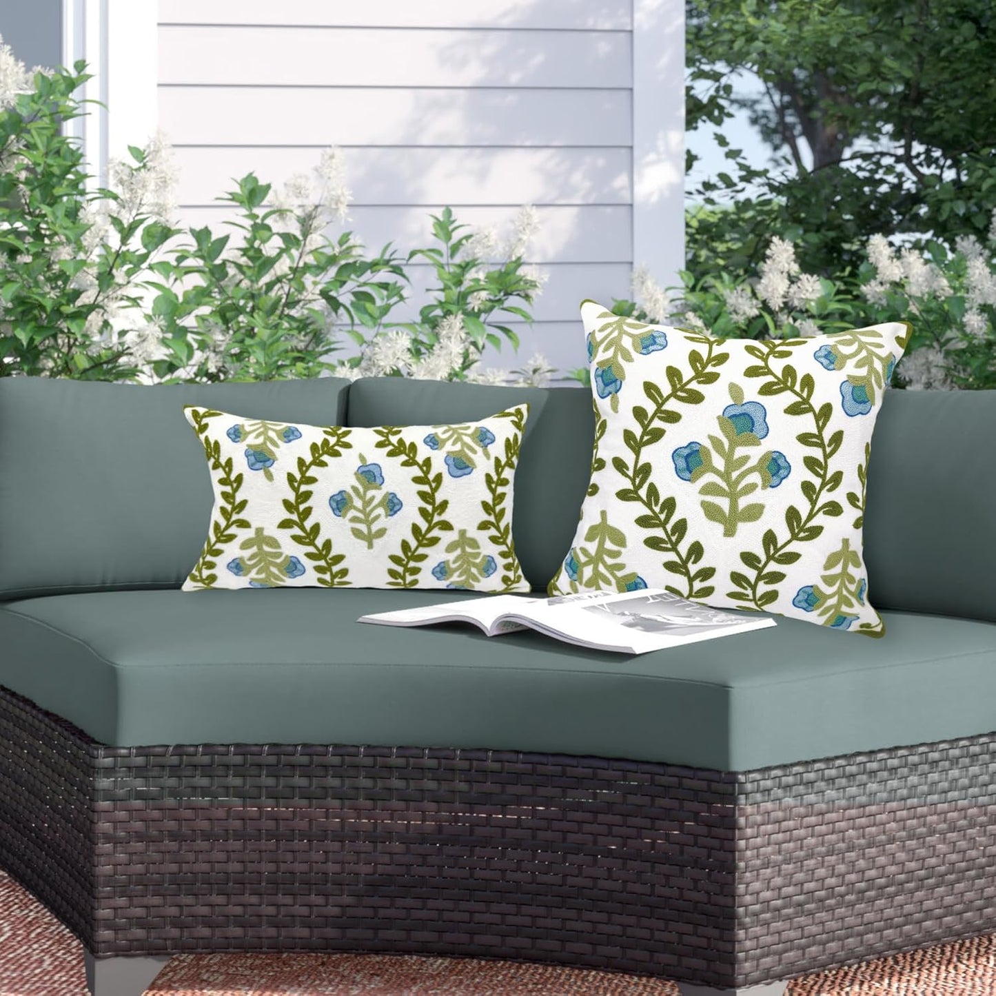 Alysheer Floral Embroidered Summer Decorative Throw Pillow Covers 18"x 18" Set of 2, Farmhouse Blue