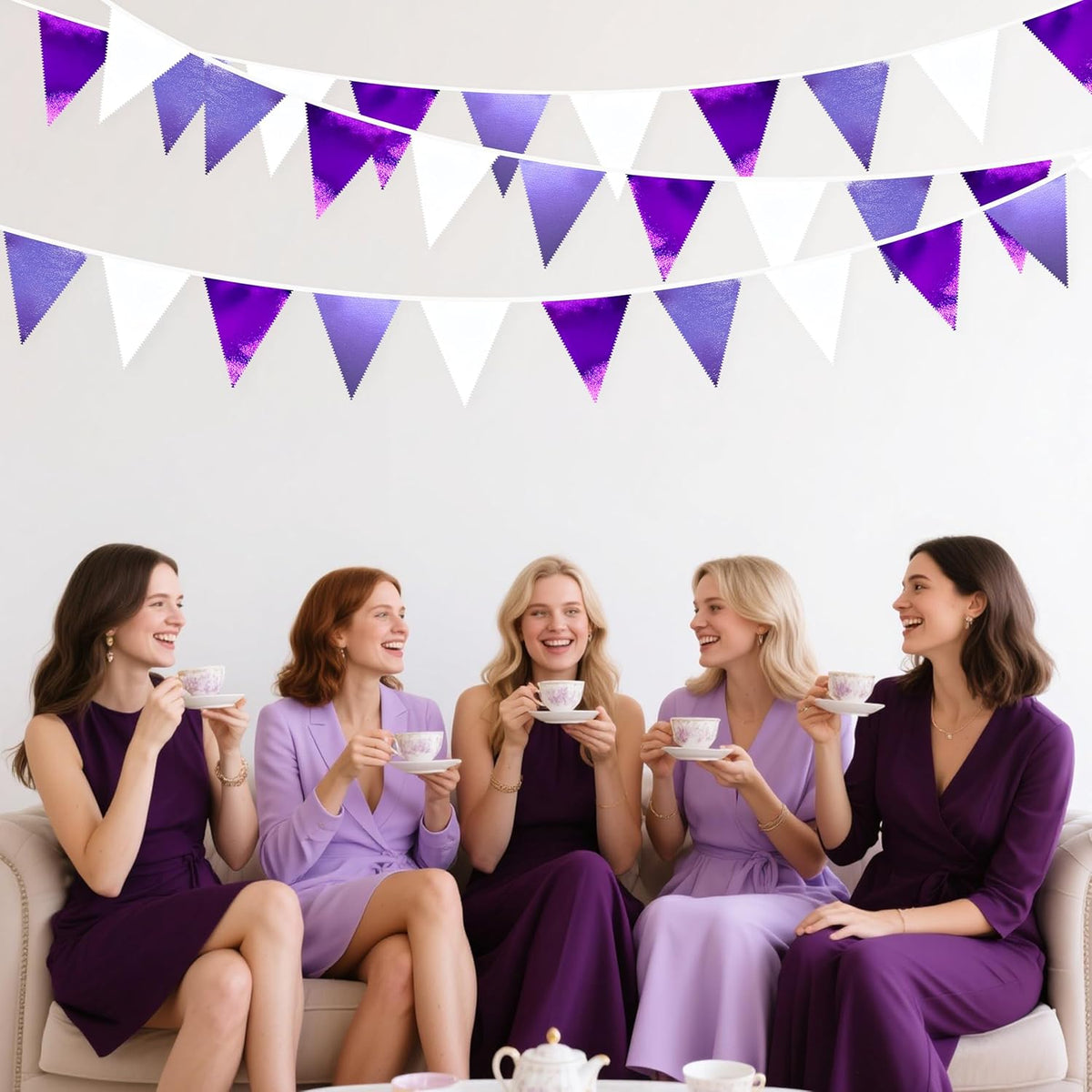 Purple and White Party Decorations Metallic Fabric Ombre Purple White Triangle Pennant Banner Flag