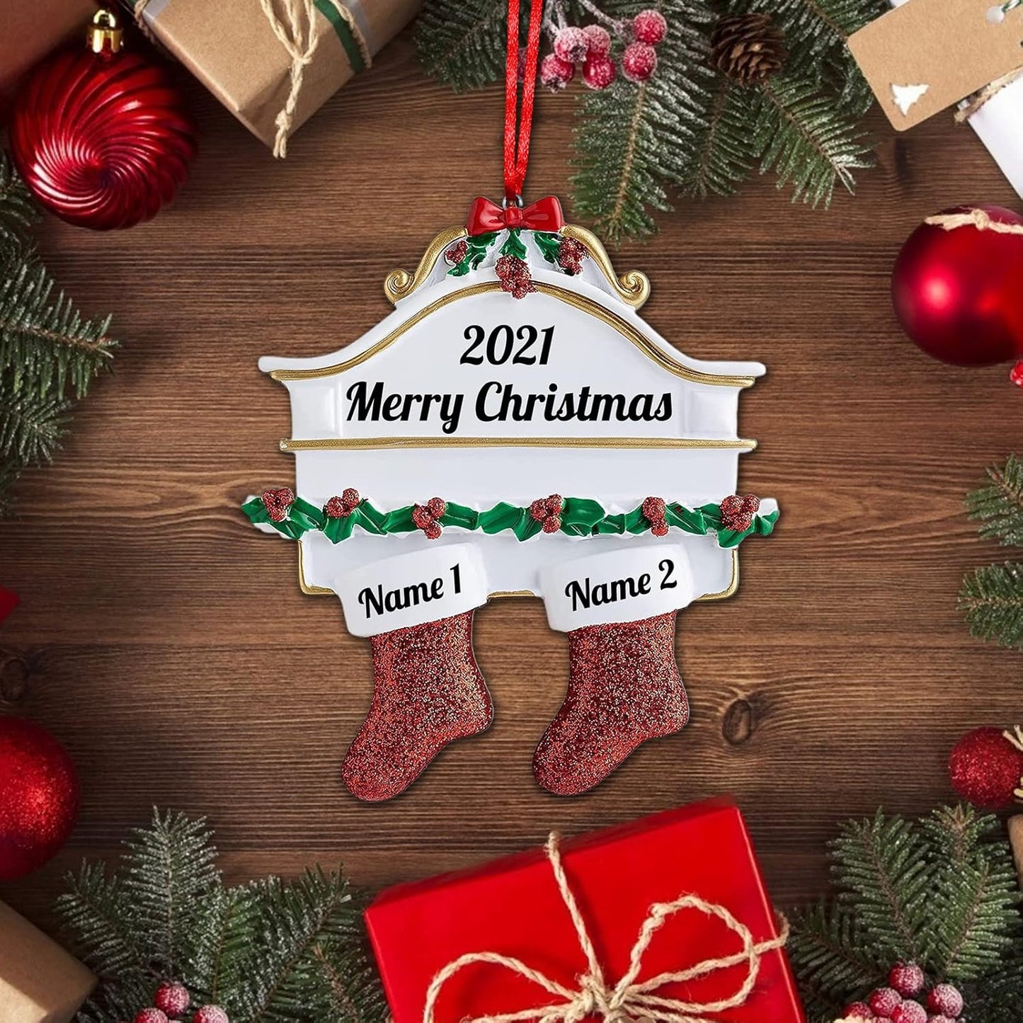 Amlion Personalized Ceramic Christmas Stocking Ornaments, Family of 2-8, Custom Names, Traditional