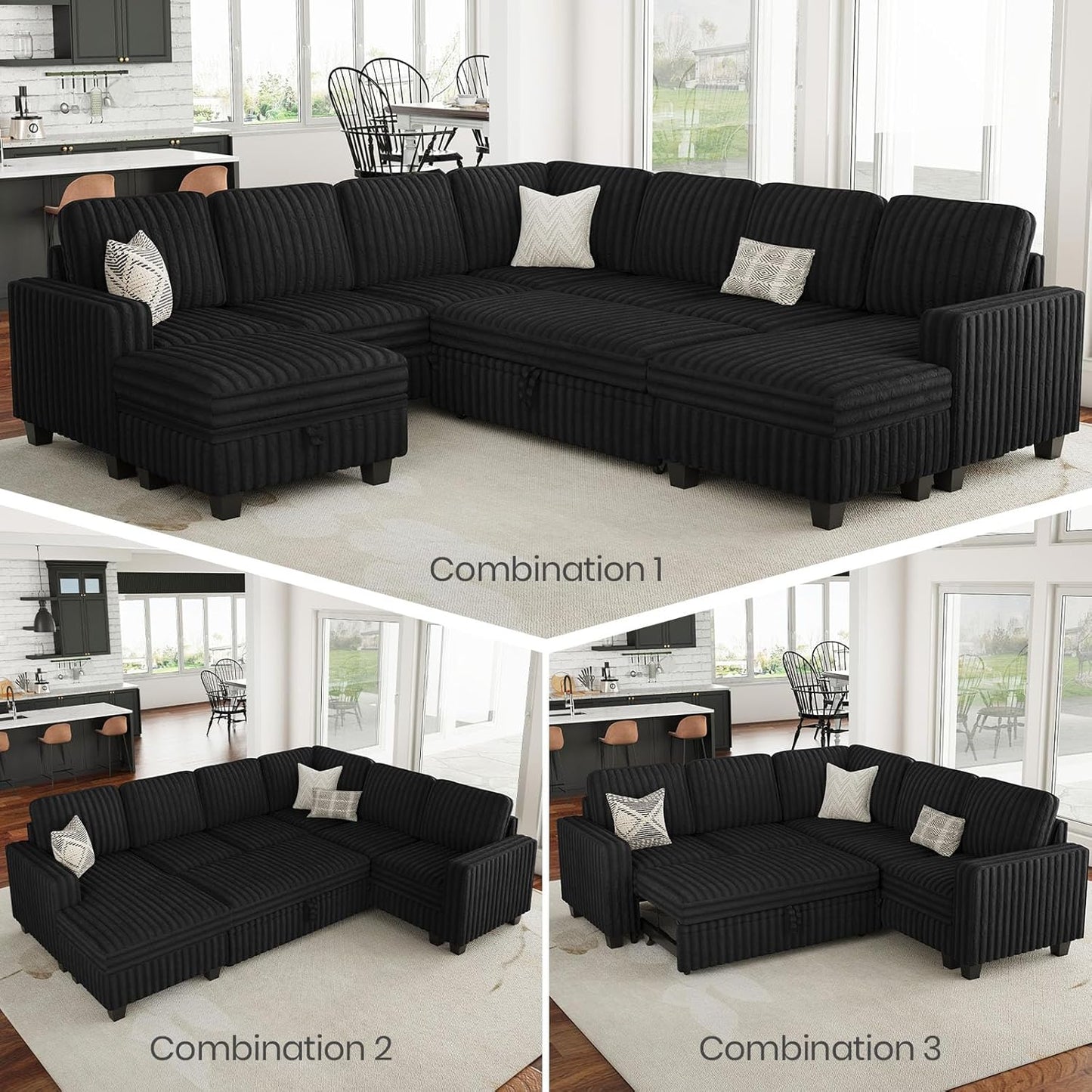 Belffin Modular Sectional Sleeper Sofa with Pull Out Couch Bed Corduroy Double Chaise with Storage