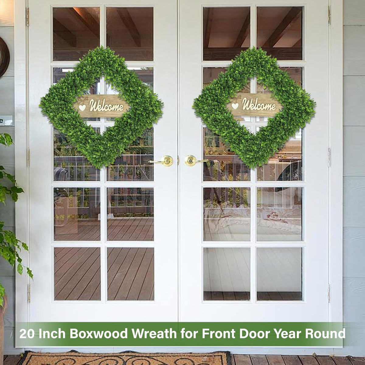 Artgar 20Inch Boxwood Wreath, Spring Wreaths for Front Door, Realistic Green Square Boxwood Wreath