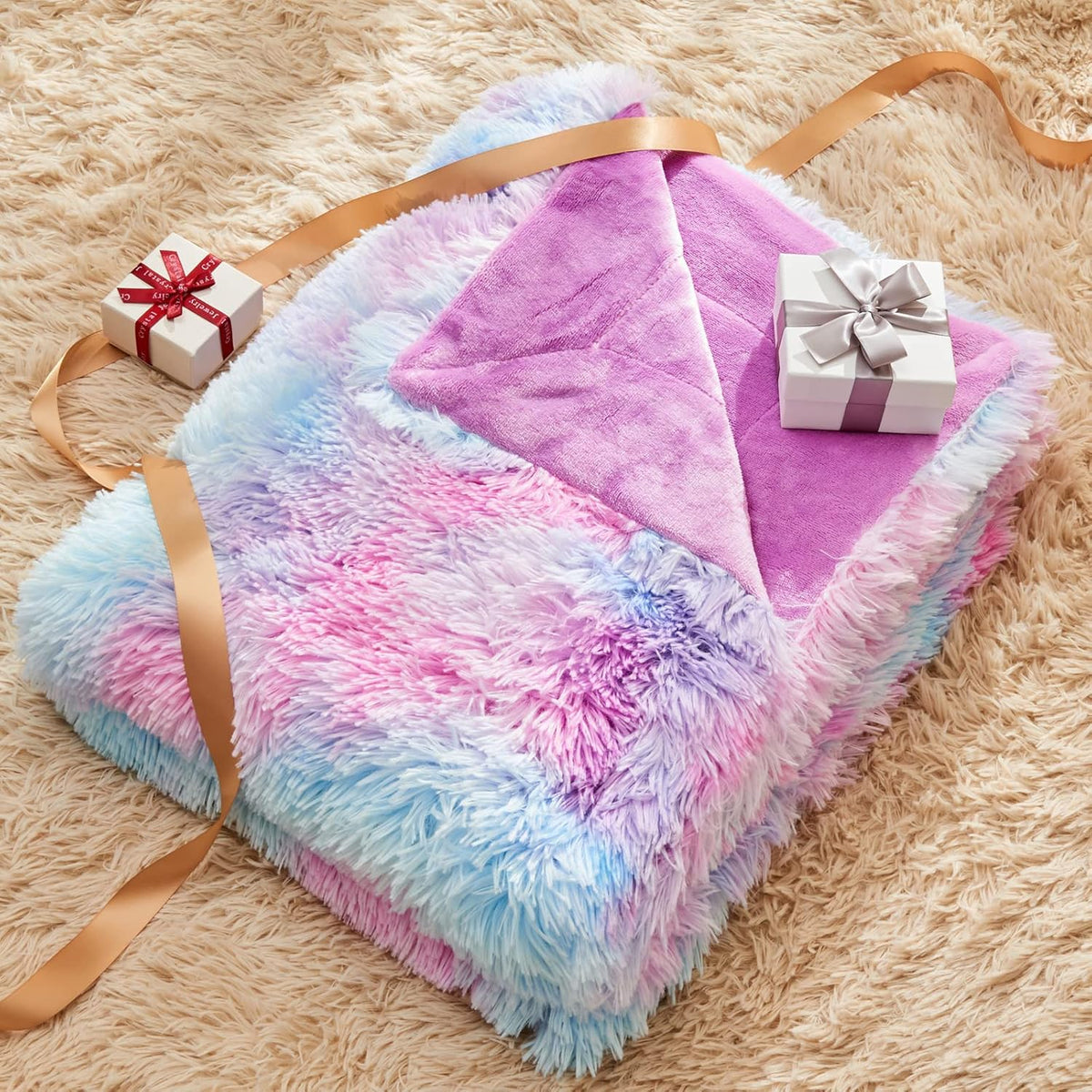 GONAAP Fuzzy Faux Fur Throw Blanket Queen Size Purple Rainbow Super Soft Cozy Plush Fuzzy Shaggy