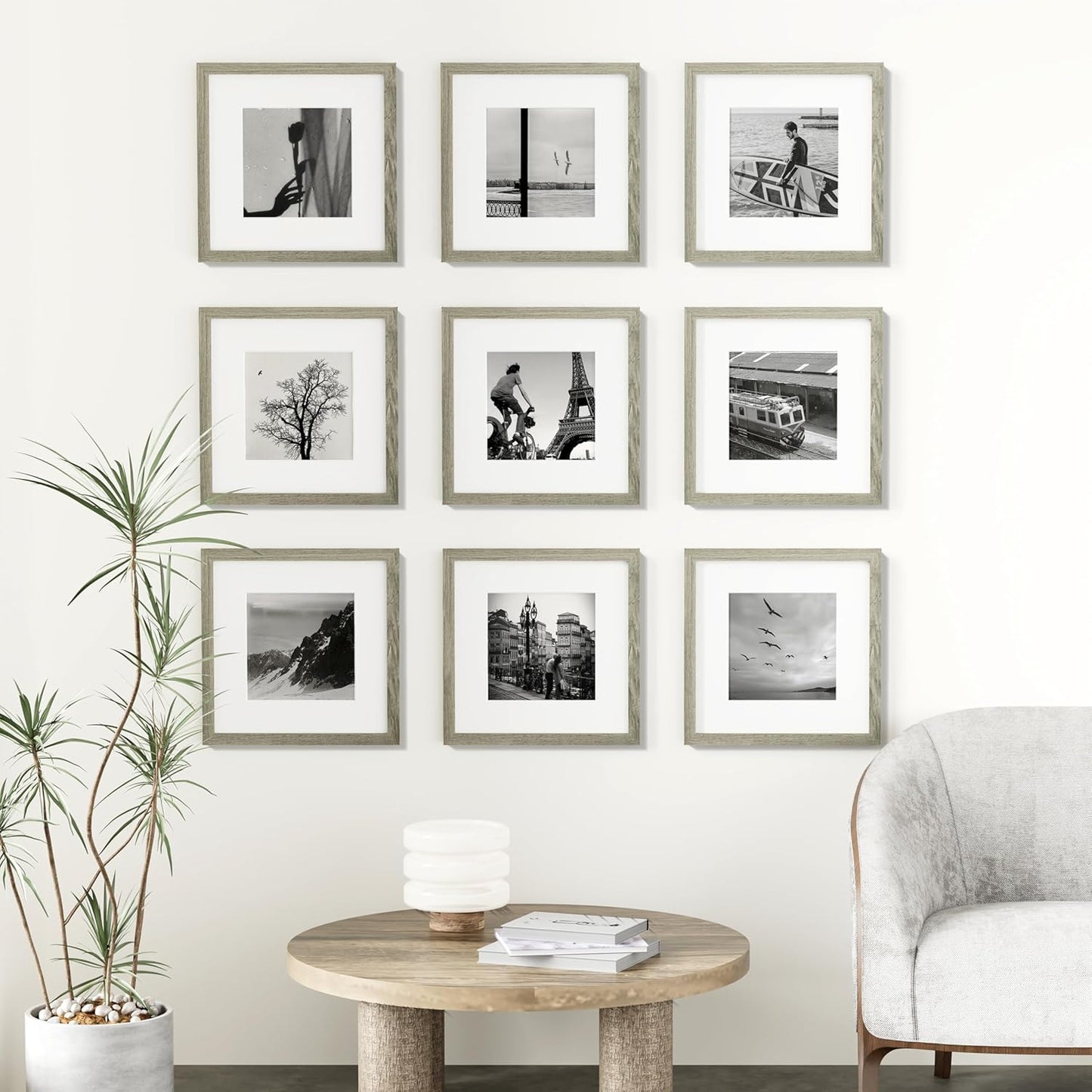 Vittanly 12x12 Picture Frames Set of 9, Shatter Resistant Plexiglass, Display 8x8 Pictures with Mat
