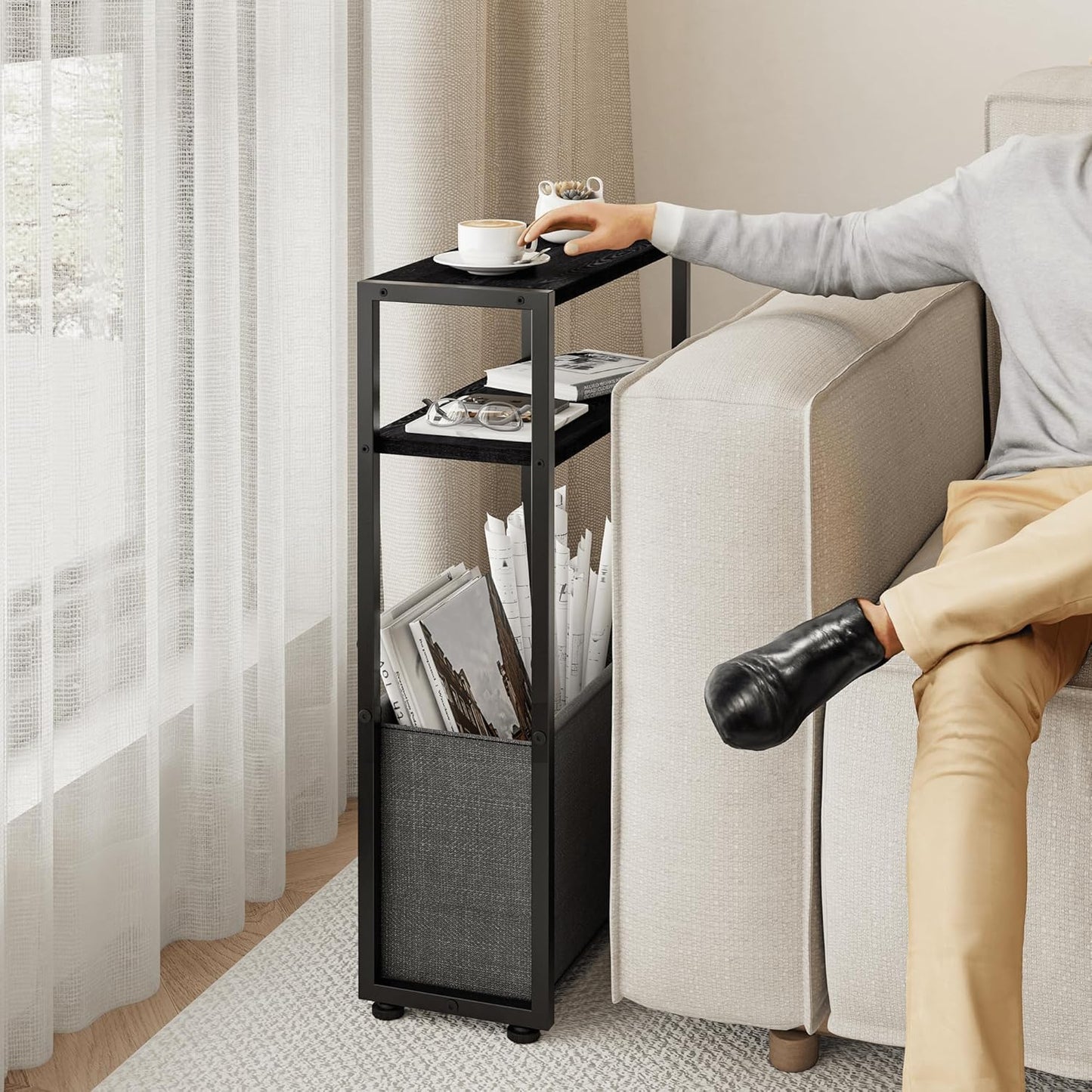 Narrow Side Table, Slim End Tables with Fabric Basket, Skinny Table for Small Spaces, Thin Bedside