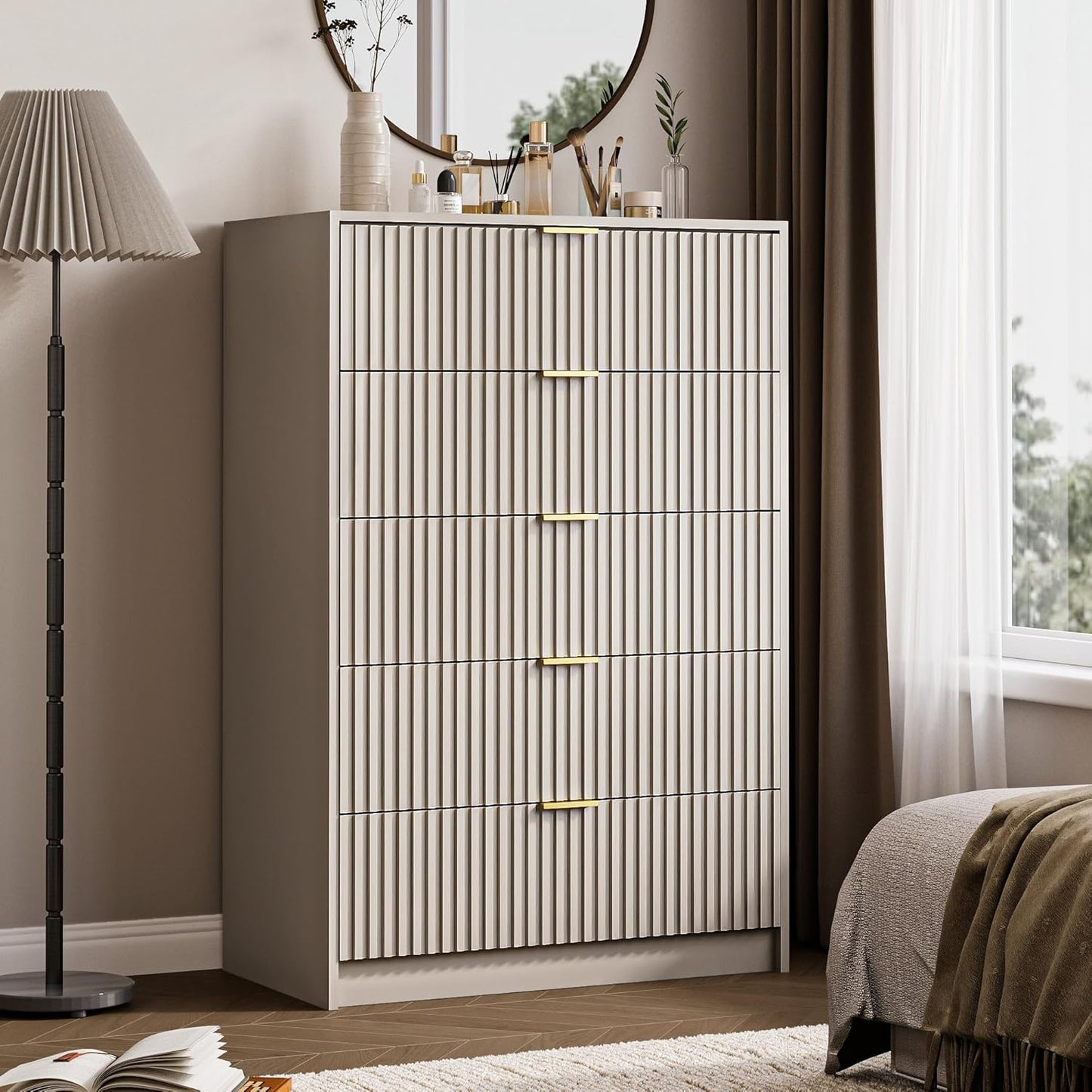5 Drawer Dresser for Bedroom, Tall Dresser Chest of Drawers with Gold Handles, 32 Inch Wide