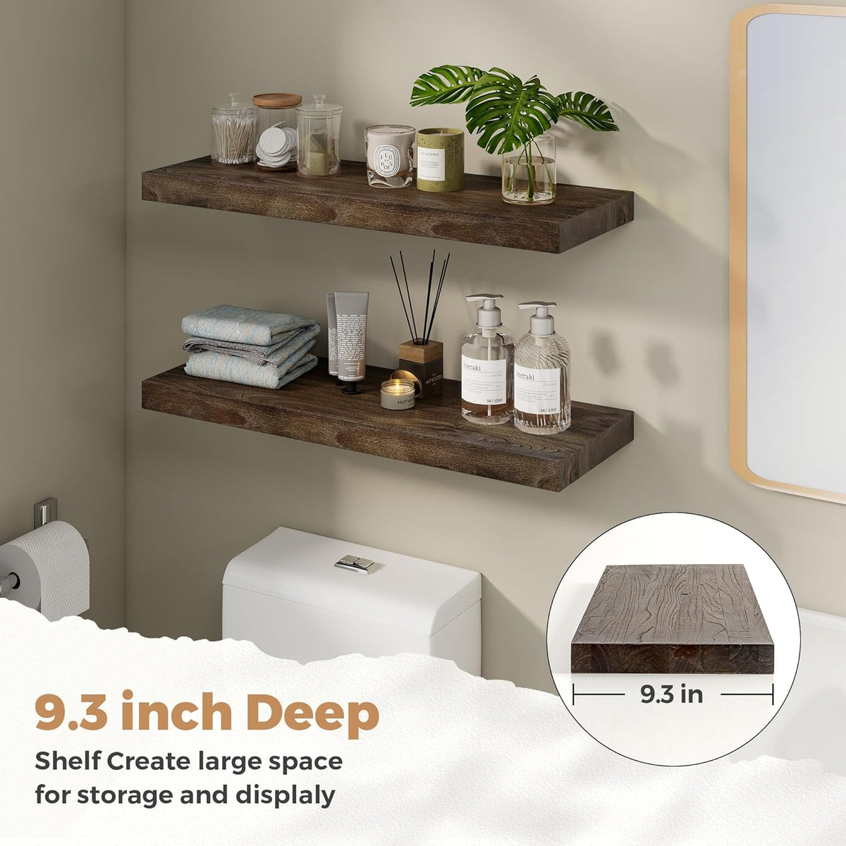 RICHFOCUS Elm Floating Shelves for Wall - 30" W x 9.3" D Rustic Solid Wood Shelves with Invisible