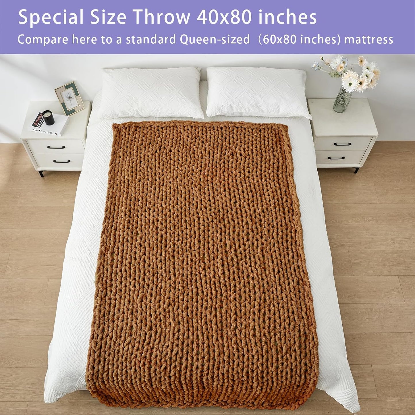 Bigacogo Chunky Knit Throw Blanket for Couch, 40x80 inches, 100% Hand Knitted with Thick Jumbo