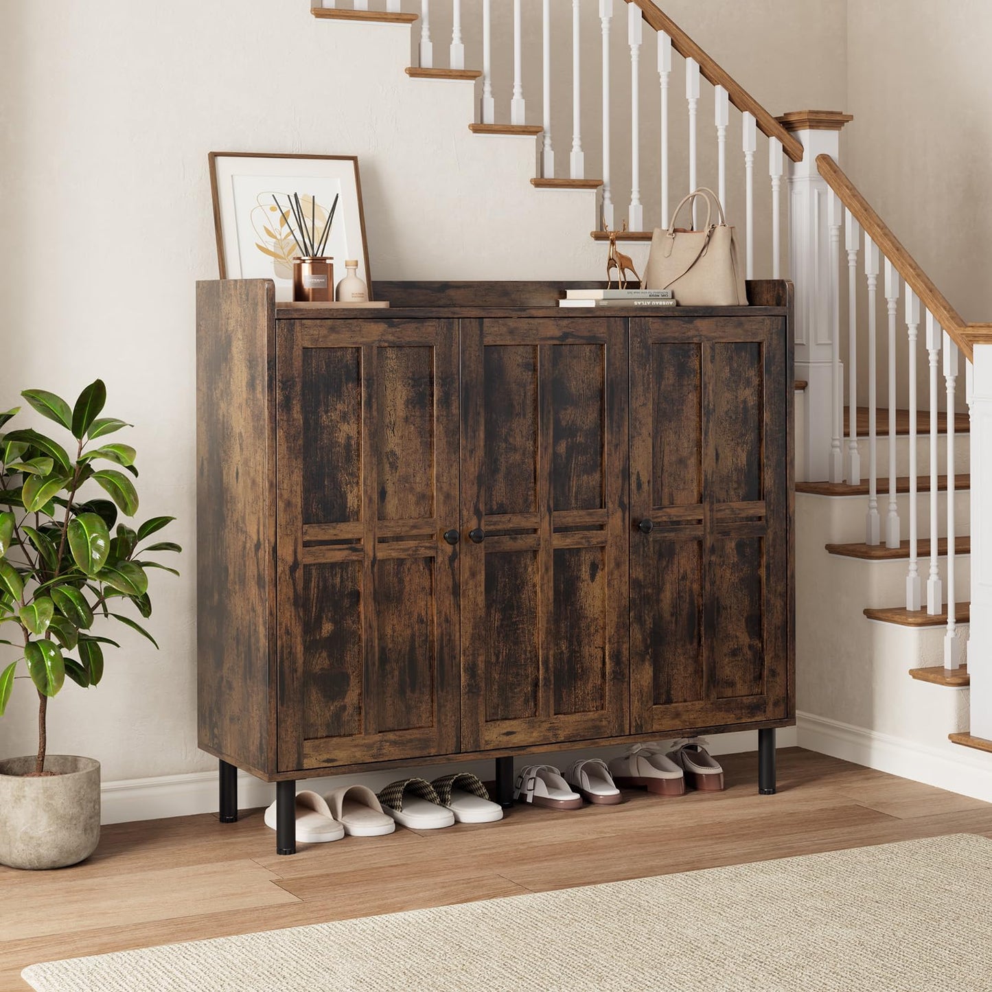 ComfyCorner Shoe Cabinet with 3 Doors, Shoe Rack for Entryway, Rustic Brown