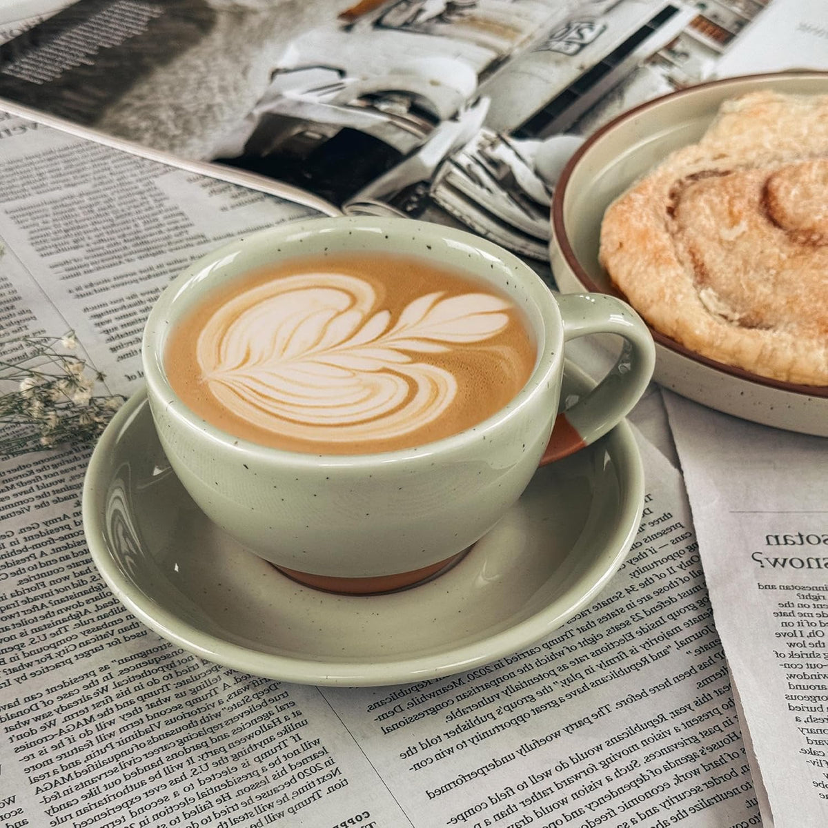 Mora Ceramic Latte Art Mug With Saucer - 10.5 oz, Round Bottom For Perfect Pours - Cafe Cups for