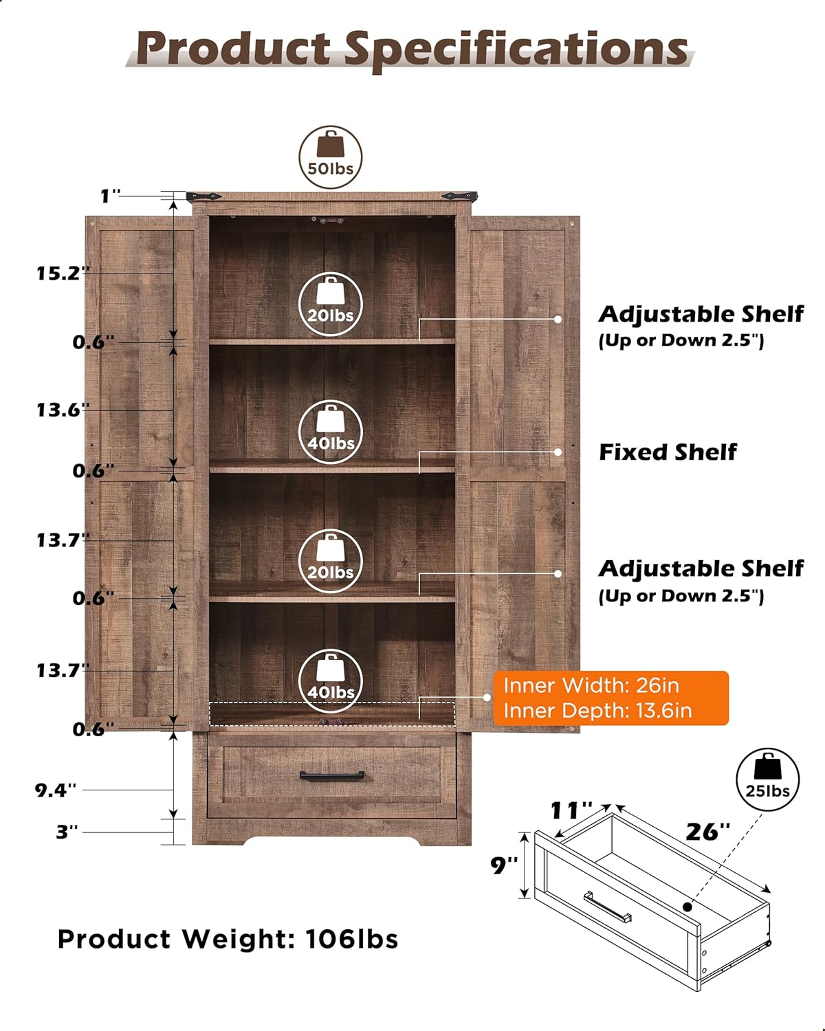 72" Tall Wood Storage Cabinet, Farmhouse Kitchen Pantry Cabinet with Adjustable Shelves & Drawer &