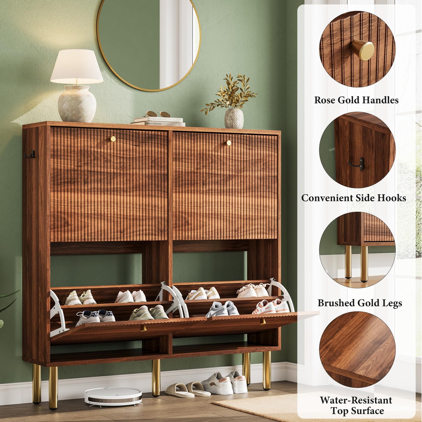 Nicetree Shoe Storage Cabinet for Entryway - 4 Flip Drawers Shoe Cabinet with Tiered Fluted Design