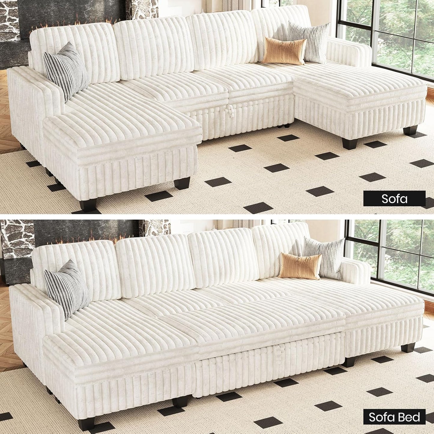 Belffin Modular Sectional Sleeper Sofa with Pull Out Couch Bed Corduroy Double Chaise with Storage
