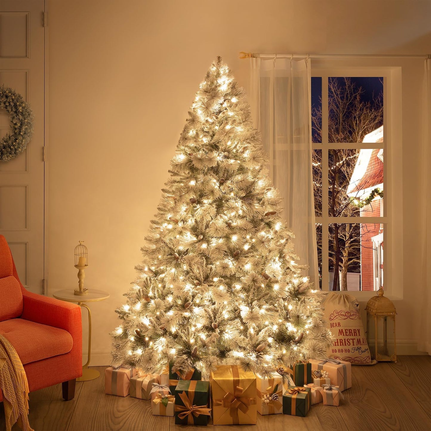 Glasgow 6.5ft Frosted Prelit Artificial Christmas Tree with Pine Cones, Foot Pedal, 1040 Branch