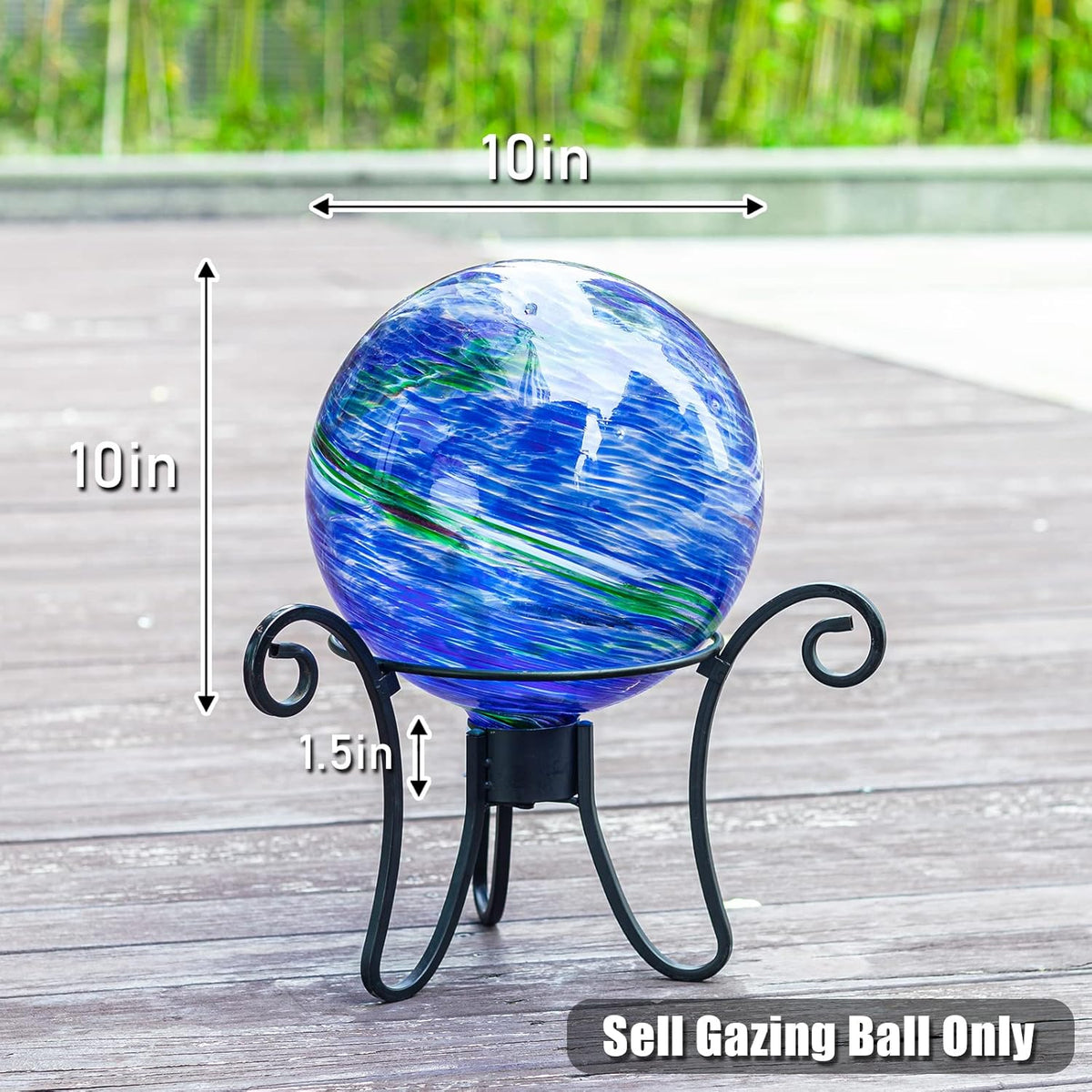 VCUTEKA Glass Outdoor Gazing Globe, Blue and Green Hand Painted Swirled Sphere for Patio Garden