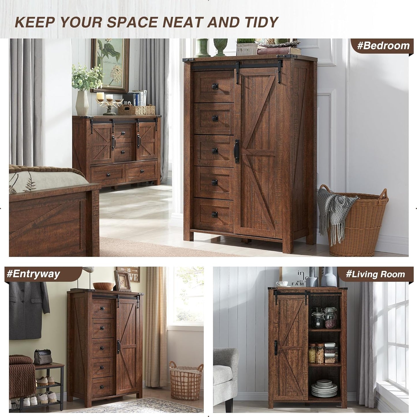 T4TREAM 5 Drawers Dresser for Bedroom w/Sliding Barn Door, Farmhouse Modern Dresser Tall 5 Chest of