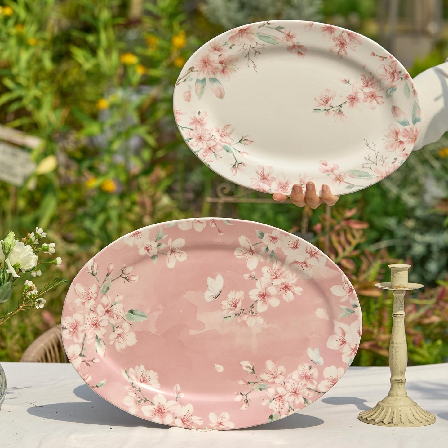 Bico Spring Sakura 16 plus 14 inch Ceramic Oval Platters Set, Set of 2, Microwave & Dishwasher