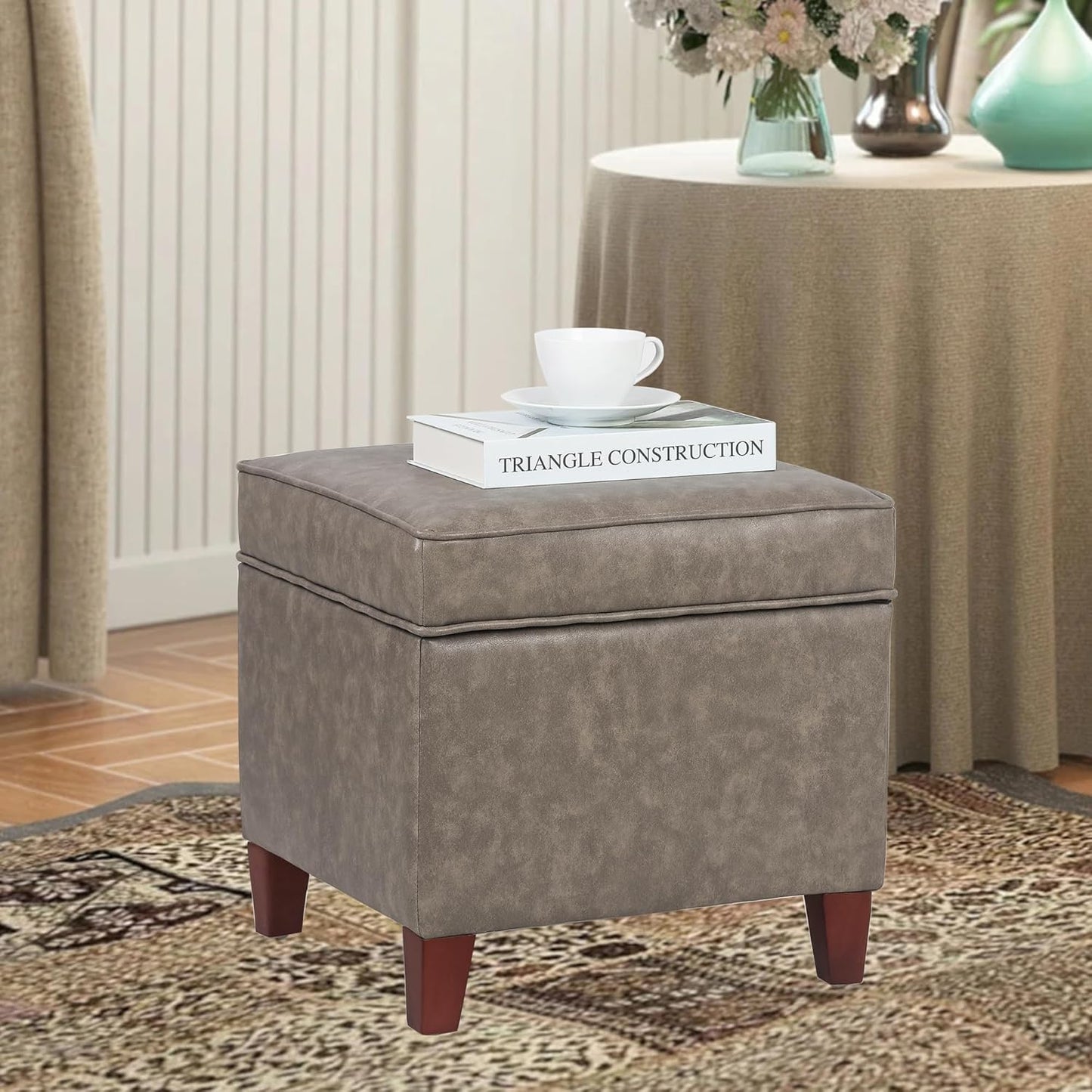 Adeco 17.5" Square Faux Leather Ottoman with Storage - Upholstered PU Foot Rest - Flip Top