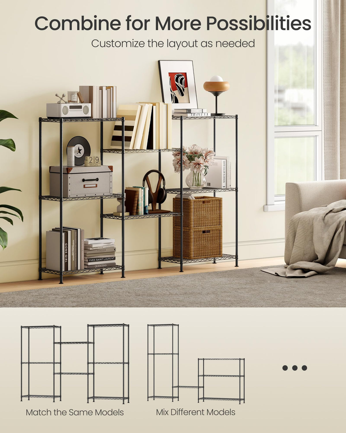 SONGMICS Storage Shelf, Metal Wire Shelving Unit, Adjustable Shelves, for Garage, Bedroom, Living