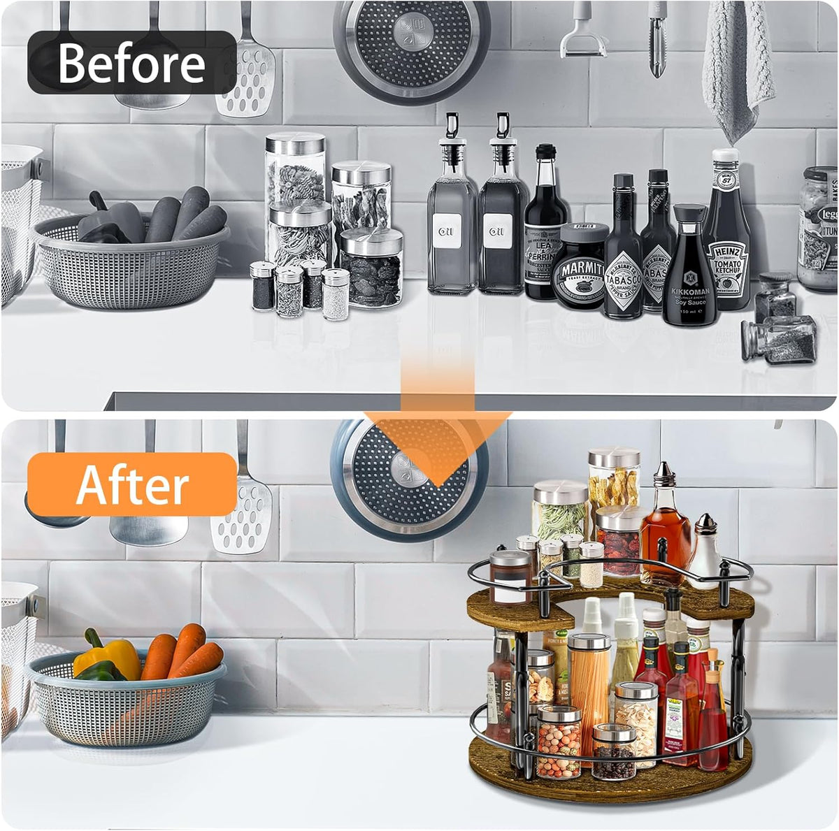 2-Tier Lazy Susan Organizer Turntable Spice Organization U-Shape 11.8" Rotating Spice Rack Height