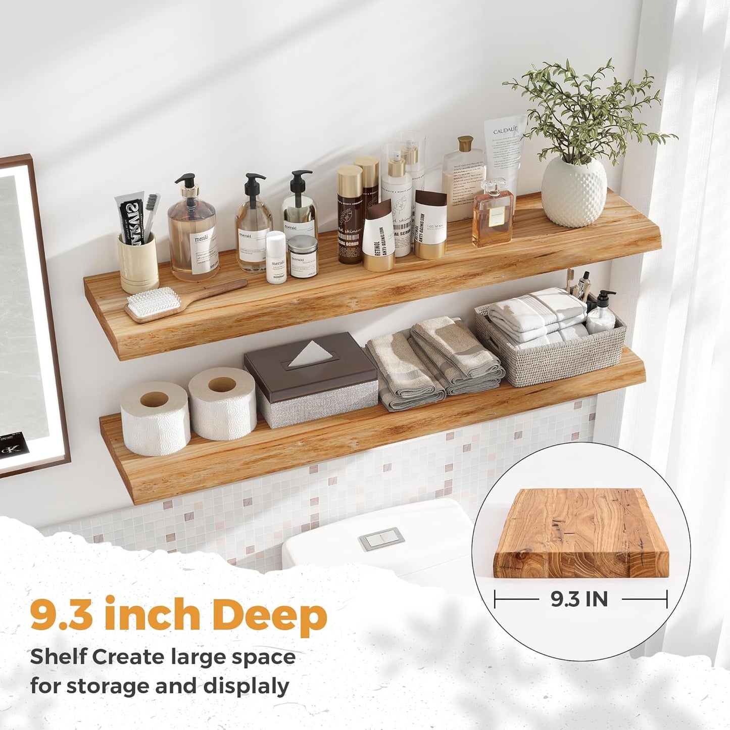 RICHFOCUS Live Edge Elm Floating Shelves - 40" W x 9.3" D Rustic Solid Wood Wall Shelves with