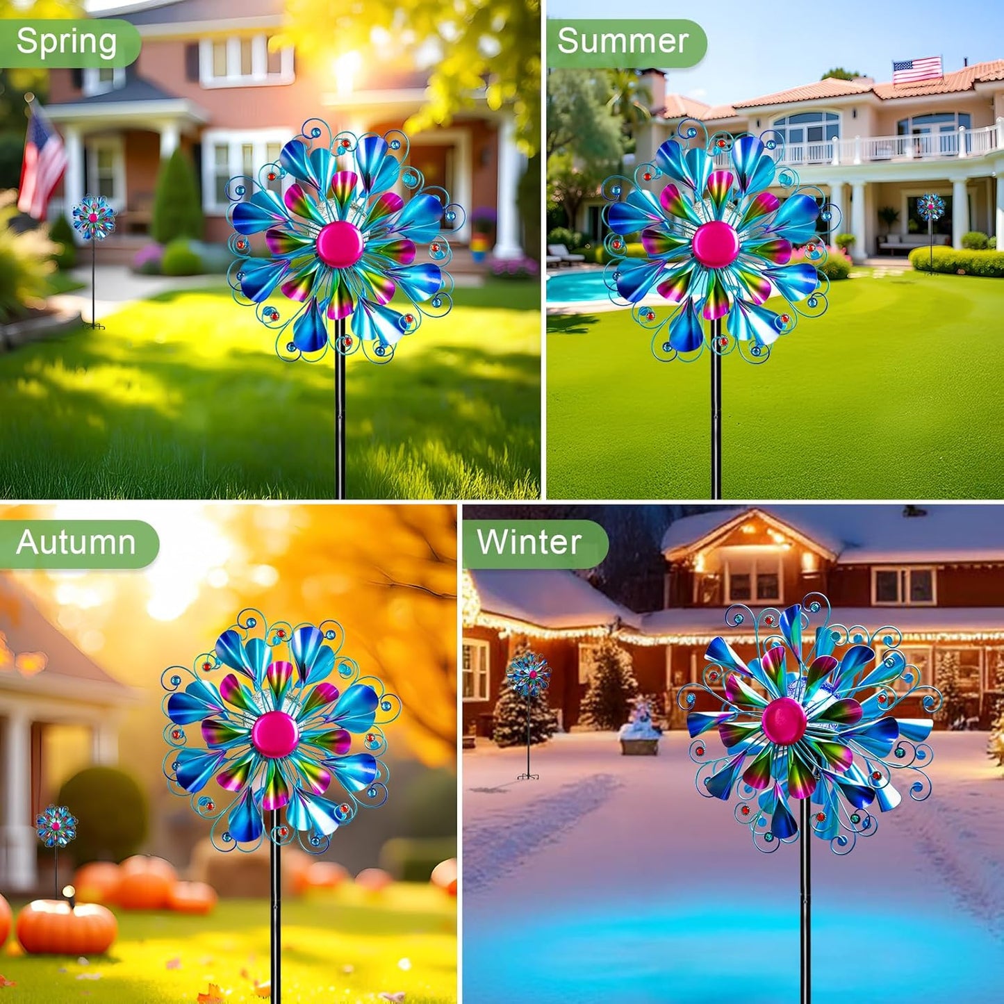 60'' Wind Spinner with Color Glass Ball Solar Lights, Blue Peacock Feathers Metal Garden Outdoor