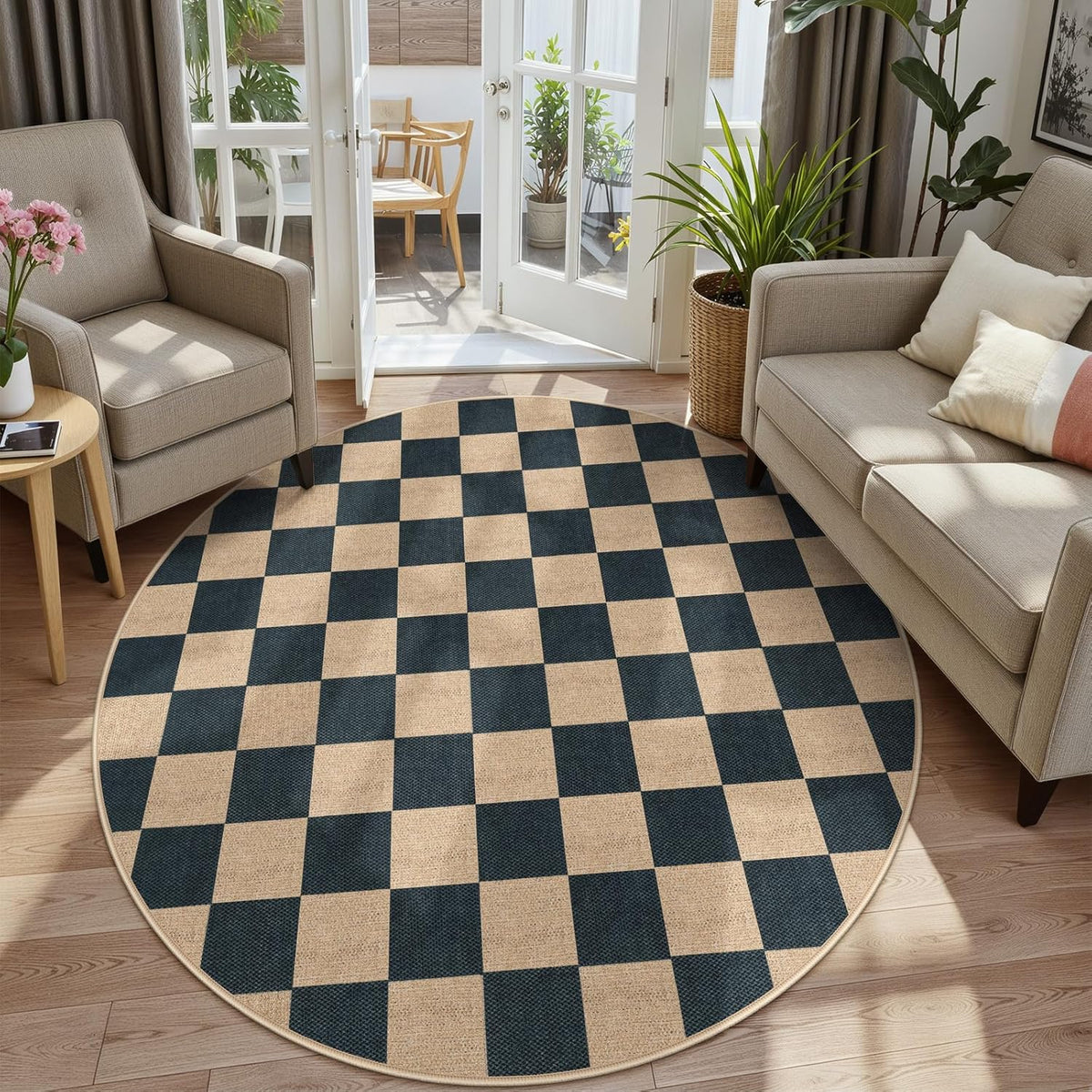 Lahome Checkered Round Rugs 6ft, Outdoor Patio Easy Jute Rug Indoor Outdoor Circle Carpet