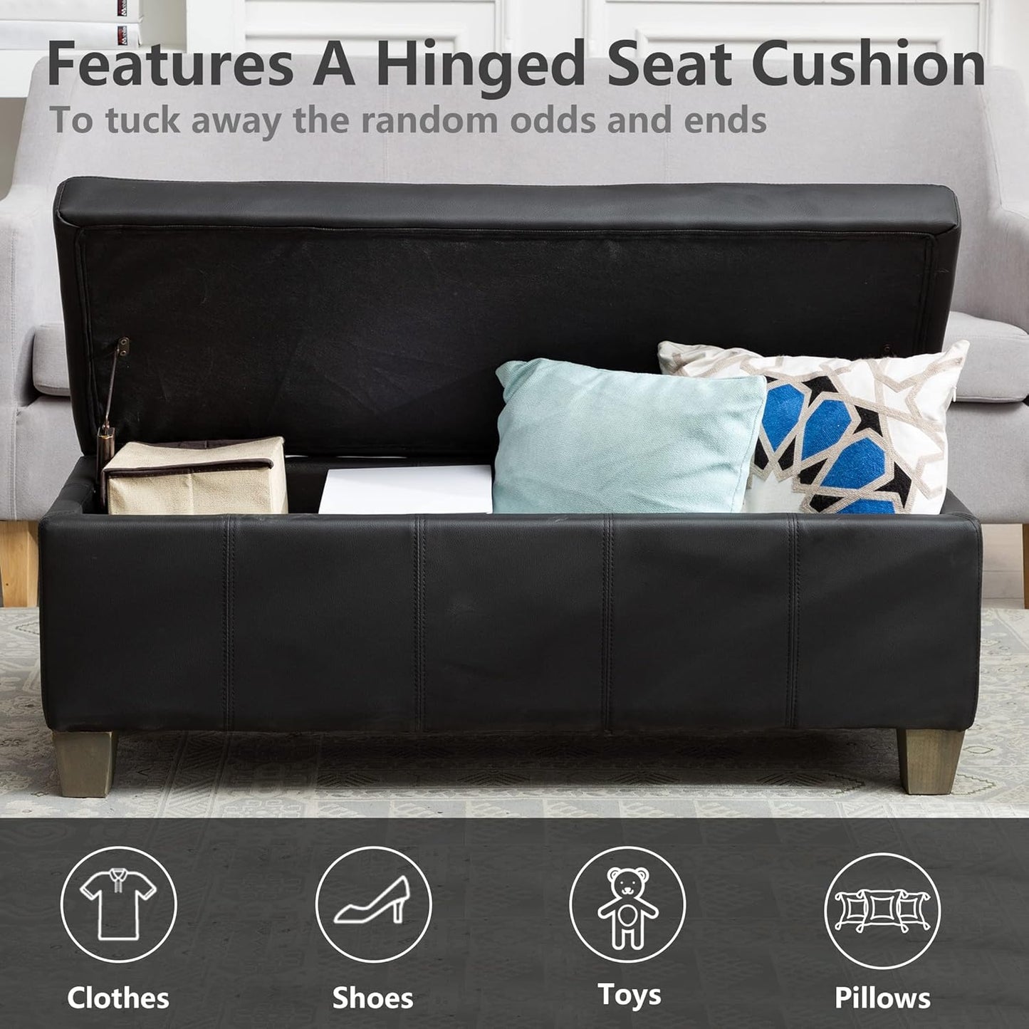 Black Faux Leather Ottoman with Storage, Rectangular Extra Long Storage Bench for Bedroom and
