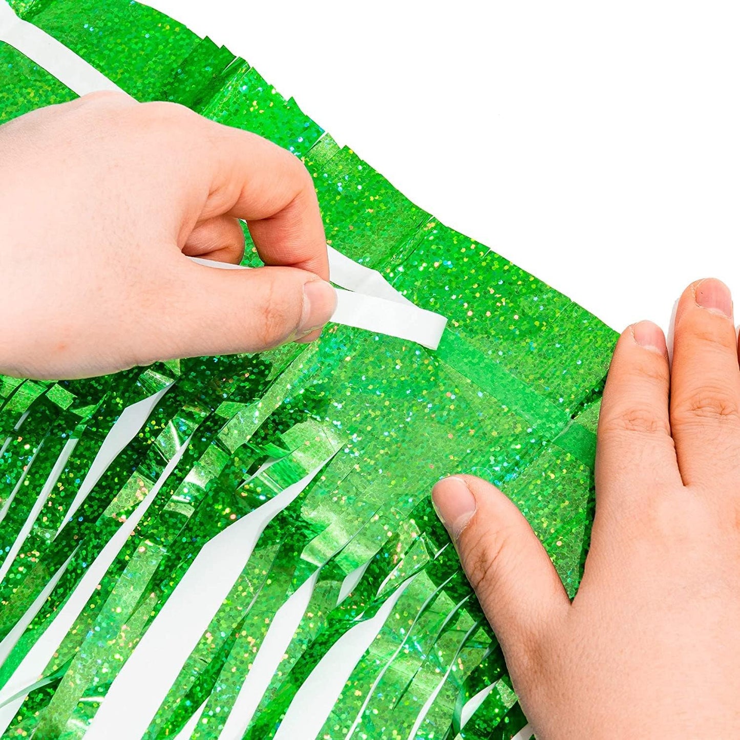BRAVESHINE Green Metallic Tinsel Foil Fringe Curtains - 2 Pack 3.2 x 8.2 ft Metallic Photo Backdrop