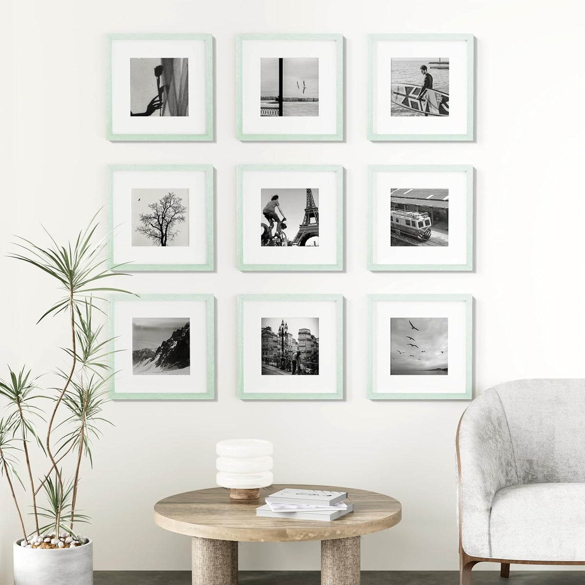 Vittanly 12x12 Picture Frames Set of 9, Shatter Resistant Plexiglass, Display 8x8 Pictures with Mat