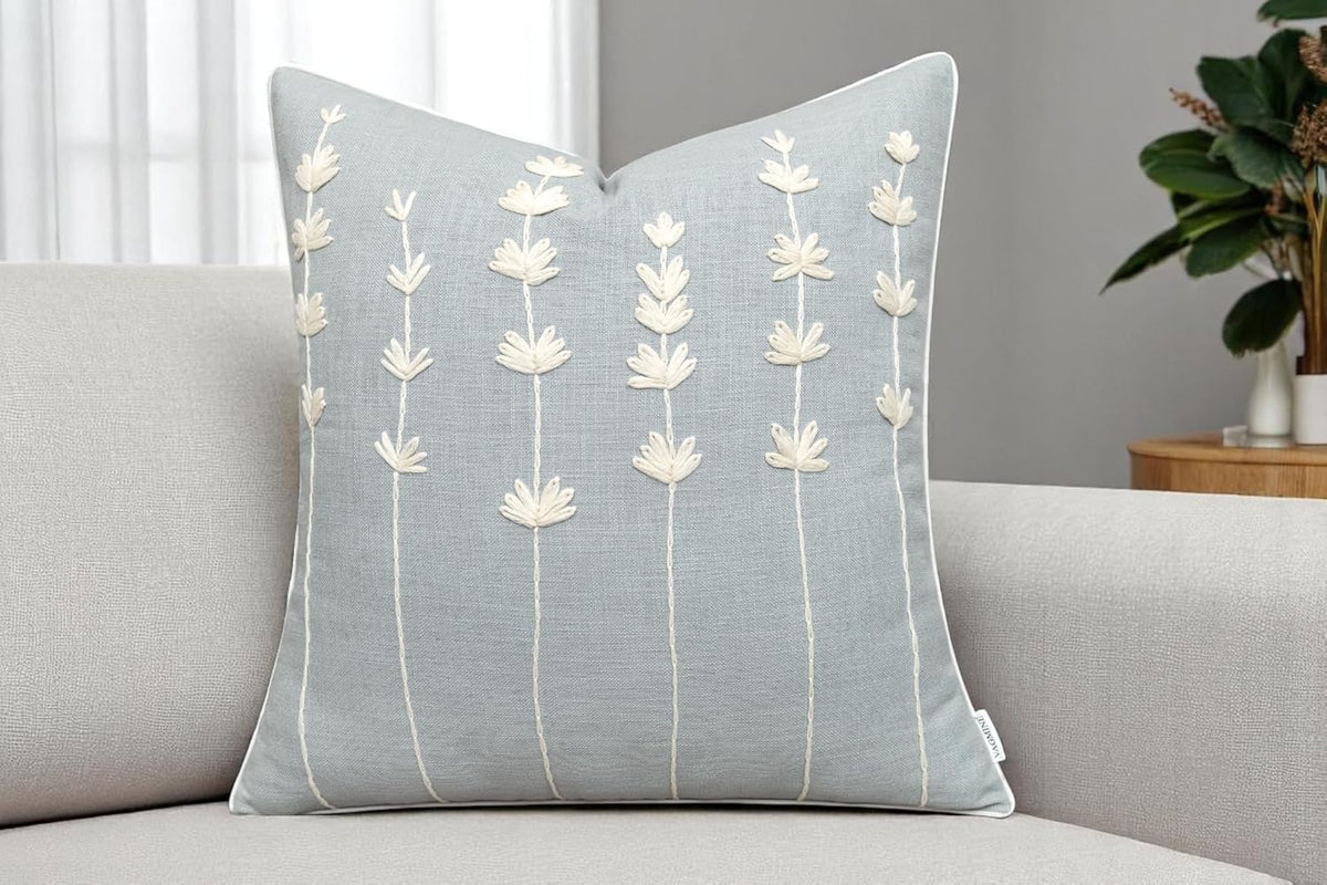 VAGMINE Hand Embroidered Daisy Accent Throw Pillow Cover - 20x20 Inches Square - 100% Cotton Robins