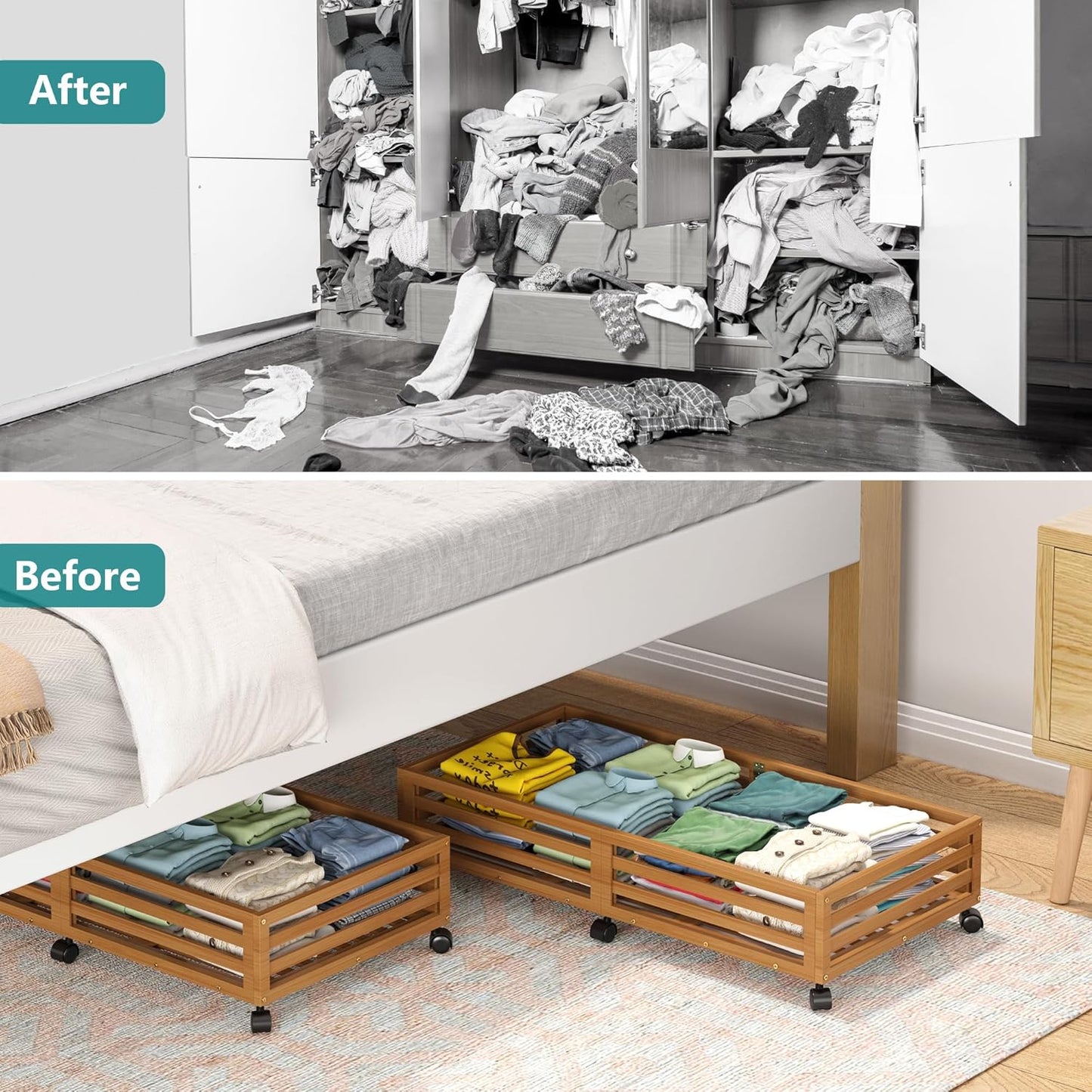Bamboo Under Bed Storage Containers- Underbed Organizer with Wheels with Large Dust Bag,Sturdy Wood