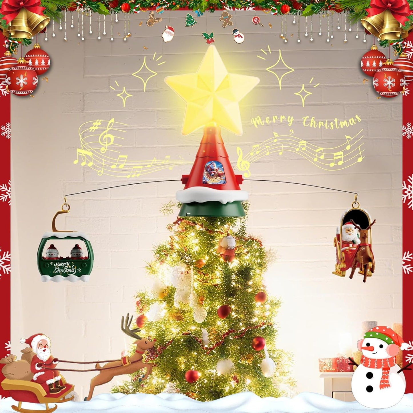 Musical Rotating Christmas Tree Topper with LED Star Light, Santa Sleigh and Cable Car Decorations