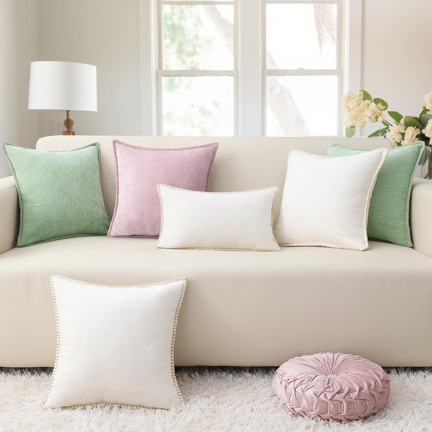 decorUhome Chenille Soft Throw Pillow Covers 18x18 Set of 2, Farmhouse Velvet Neutral Decorative