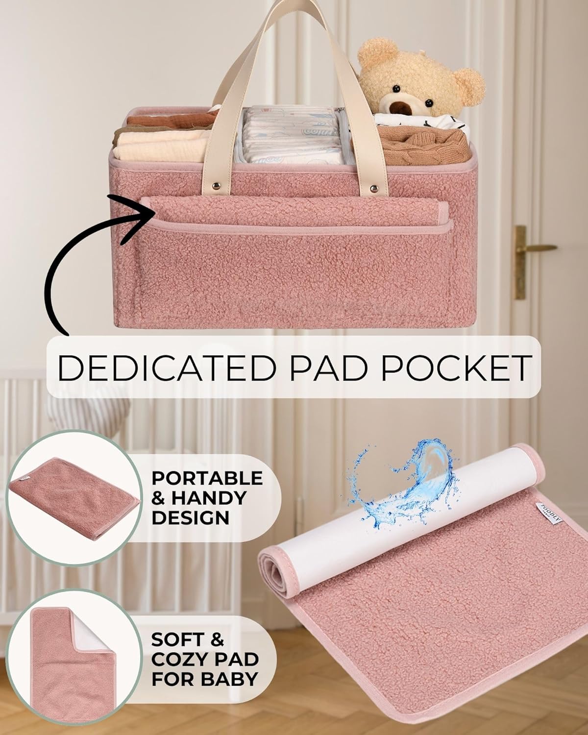 Baby Diaper Caddy Organizer with Portable Changing Mat - Teddy Fleece Diaper Organizer for Changing