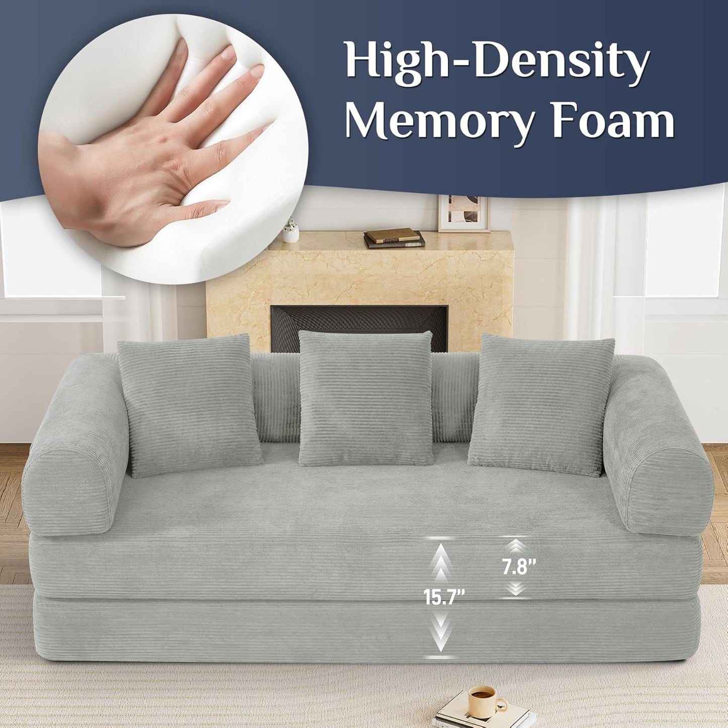 Convertible Sleeper Sofa Bed with Pillow, 4-in-1 Corduroy Folding Mattress Couch with Fixed-Shape