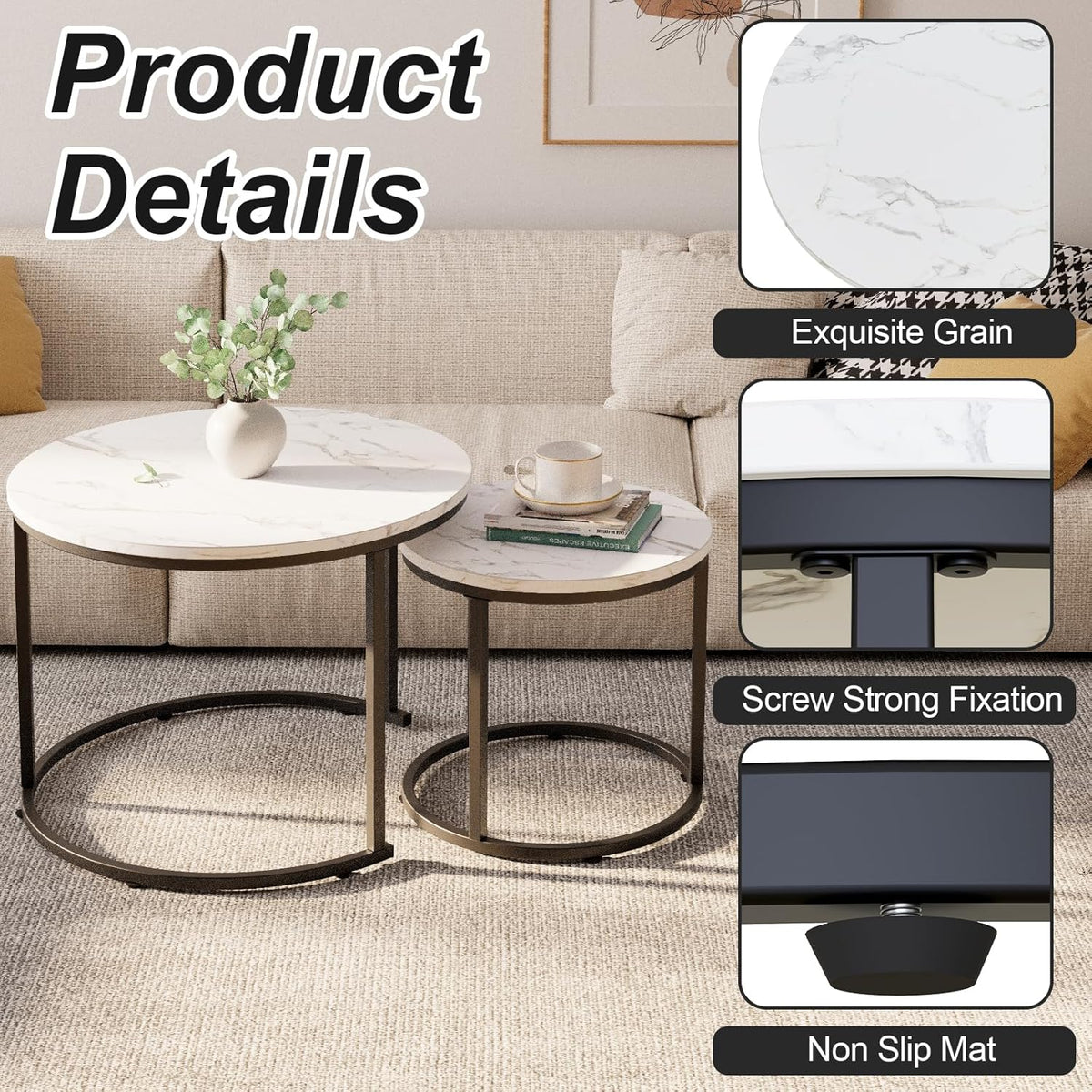aboxoo Round Nesting Coffee Table Side Table Set of 2 End Tables for Living Room Bedroom Balcony