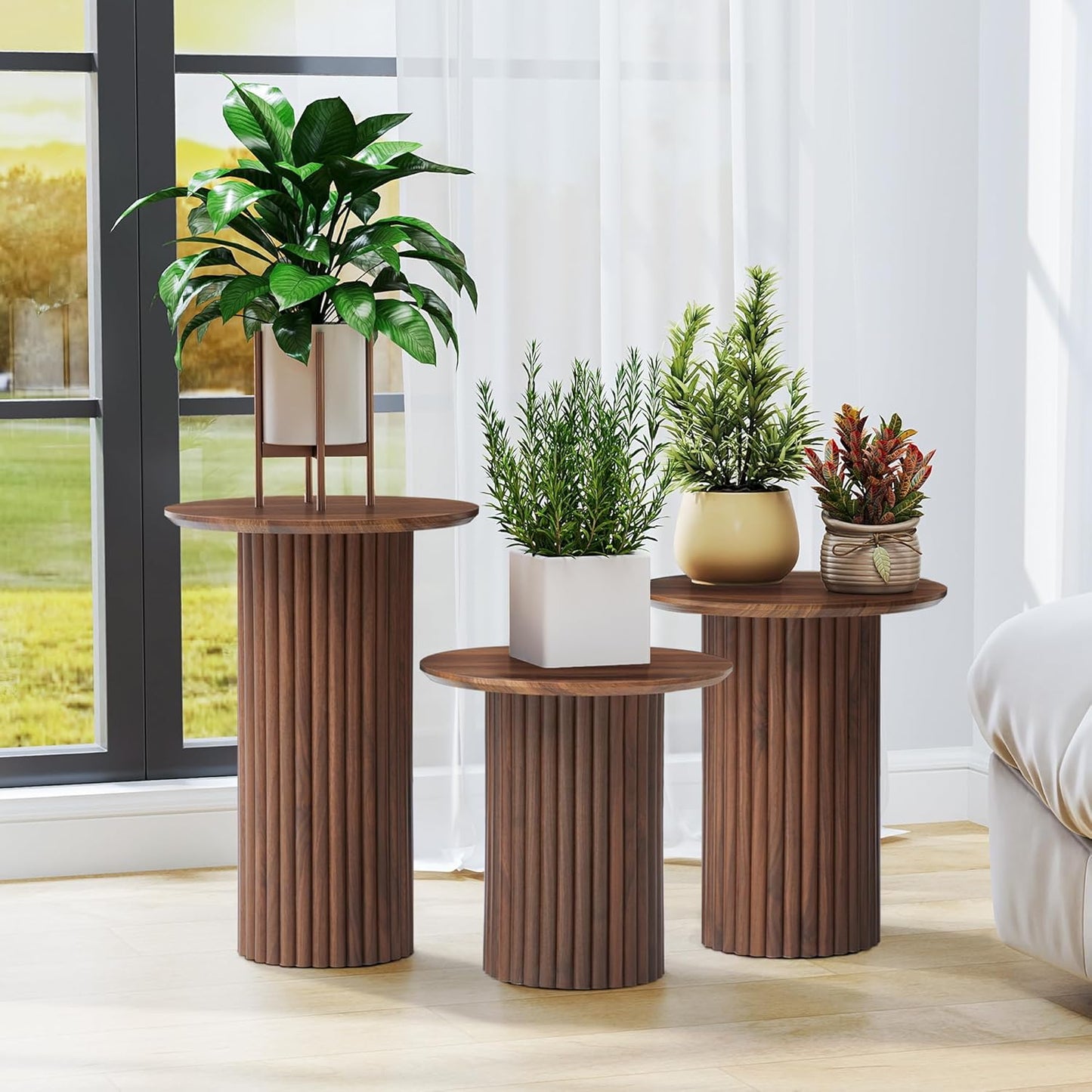 Round Nesting Coffee Table Set of 3,Mid Century Modern Fluted Coffee and End Table Set,Small Circle