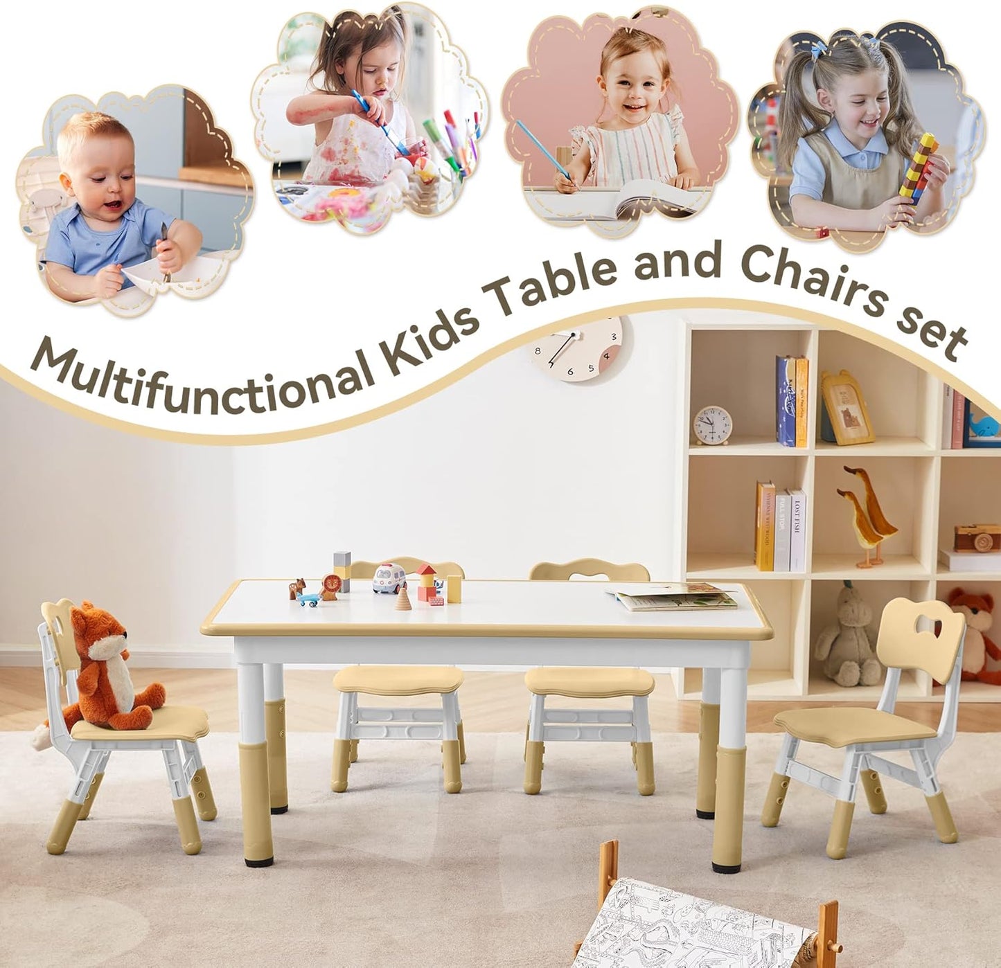 Kids Study Table and Chairs Set, Height Adjustable Toddler Table and Chair Set for Kids Ages 3-8