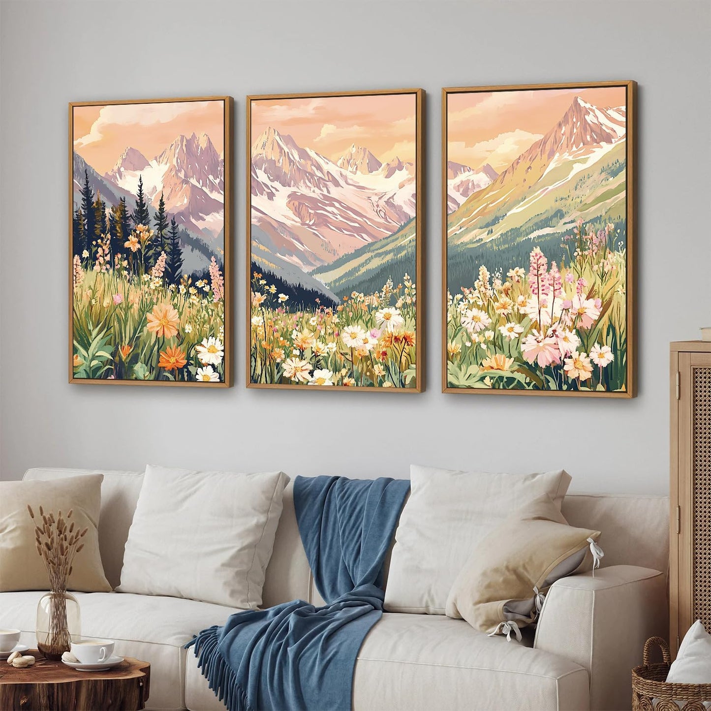 SIGNINART Vintage Floral Framed Canvas Wall Art Set, Large Mountains Nature Landscape Wall Decor