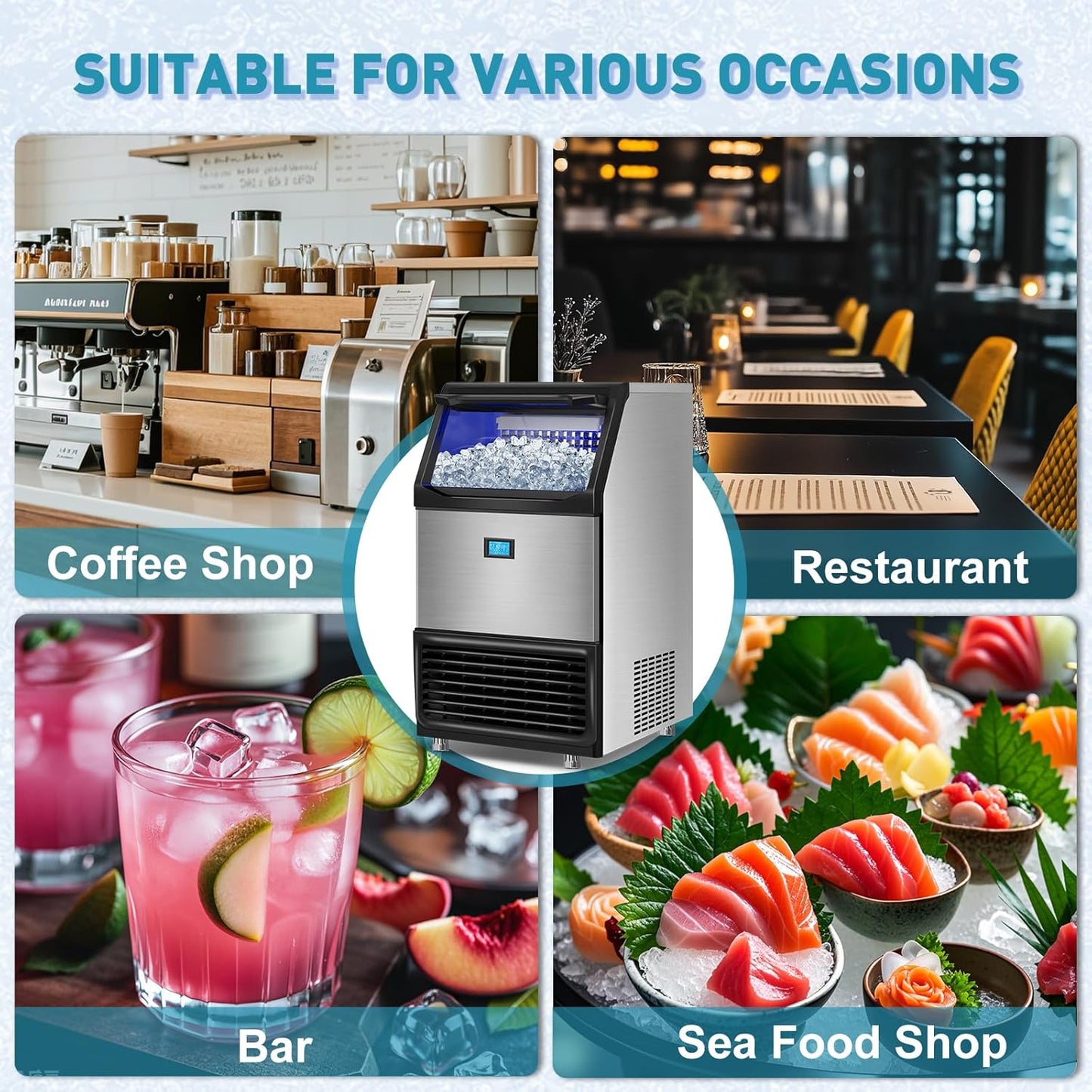 Commercial Ice Maker Machine 550LBS/24H with 185LBS Large Ice Storage Bin, 162Pcs Clear Ice Cubes