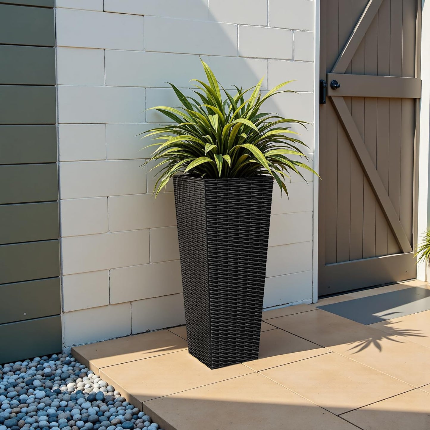 JUMMICO Set of 2 Resin Rattan Tall Planters for Outdoor Plants, Large Tapered Planters with