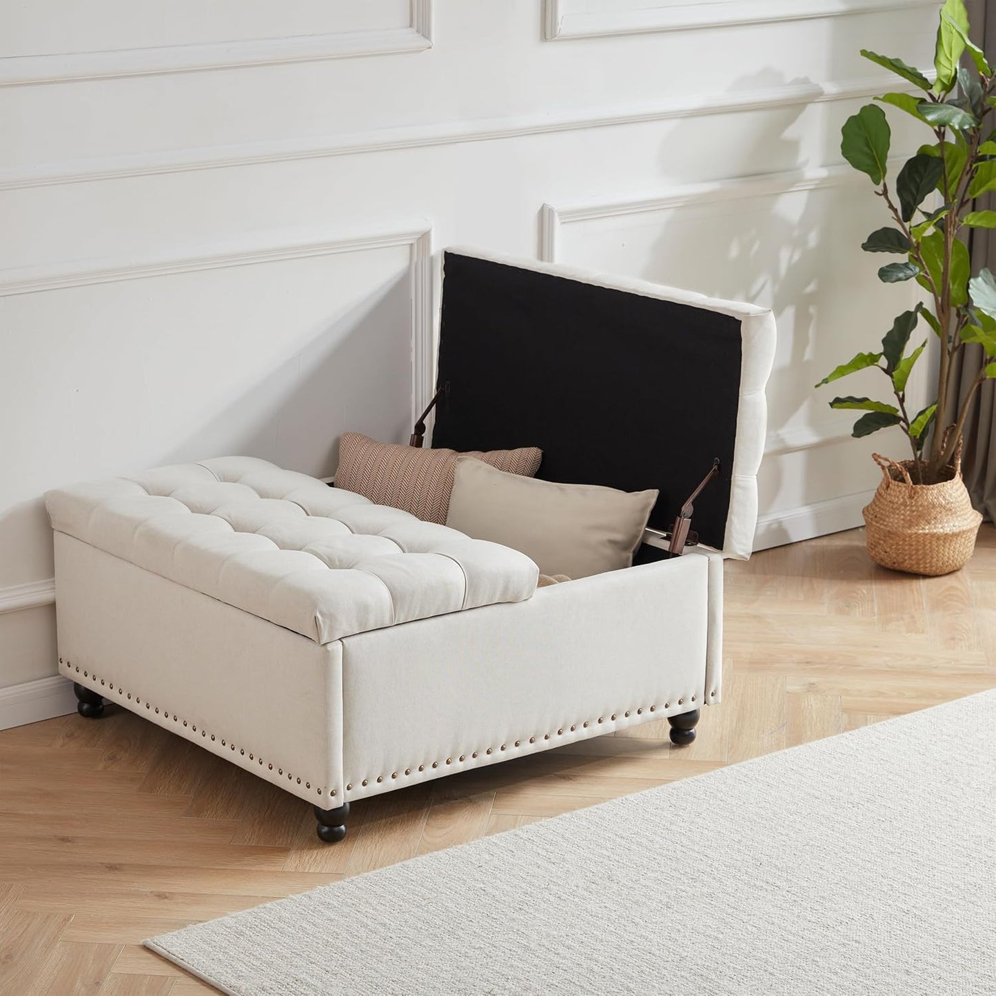 Tbfit Large Square Storage Ottoman Bench, Tufted Upholstered Coffee Table with Lift Top & Solid